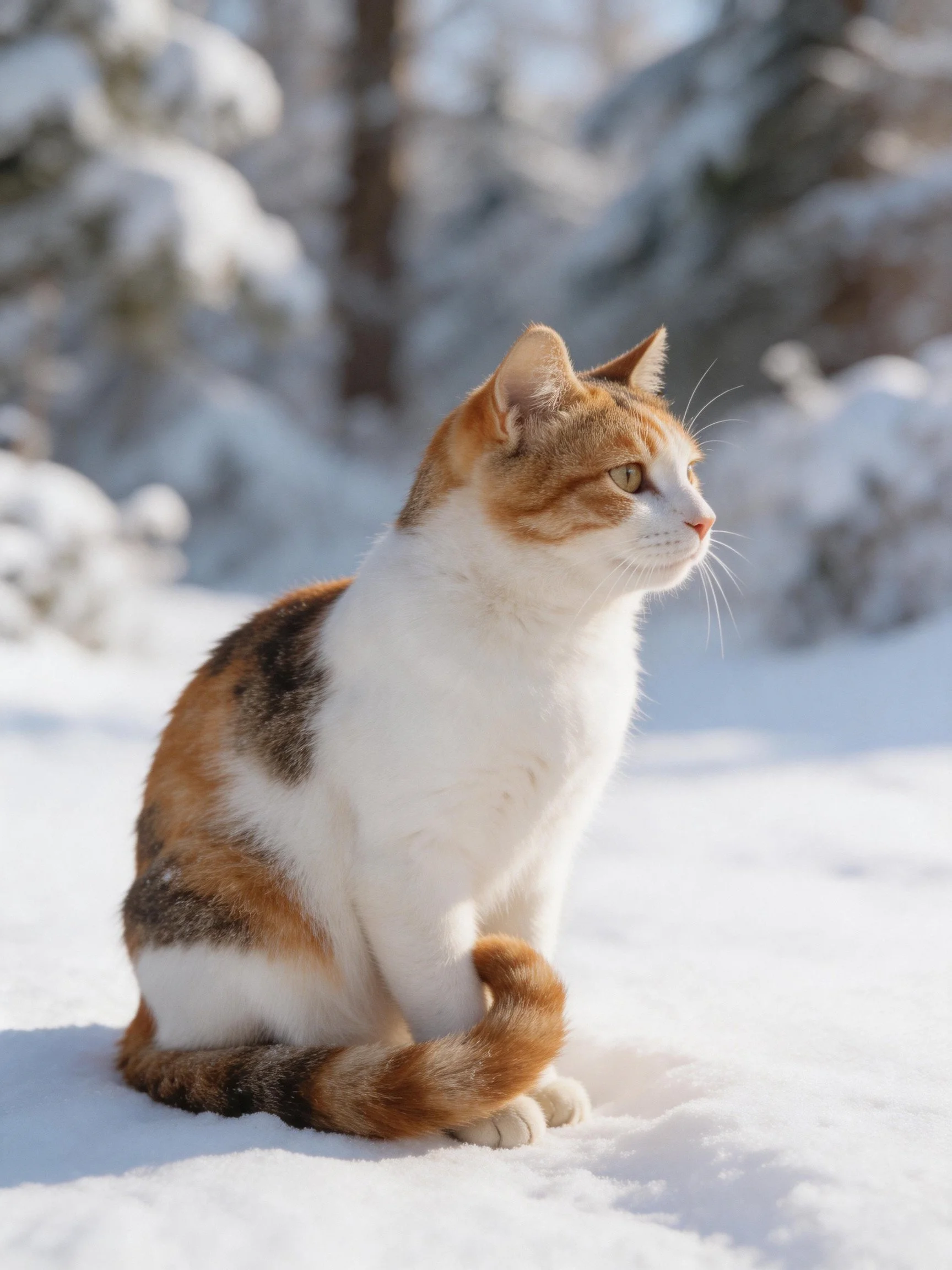 A calico cat sits gracefully on a snowy surface