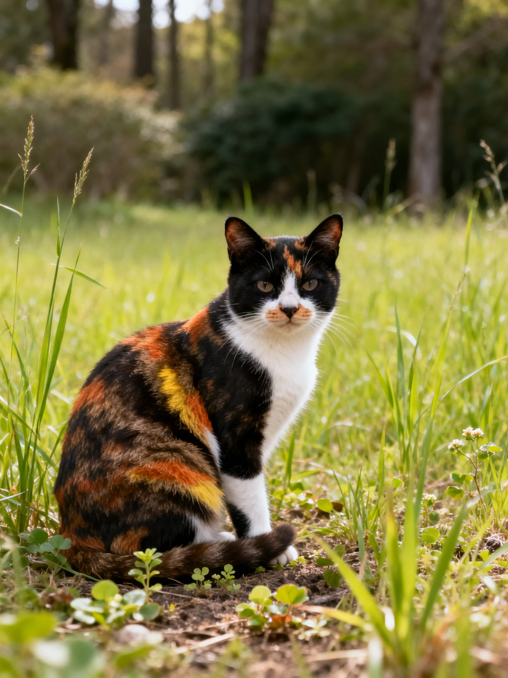 A calico cat sits calmly among lushery with trees in the background