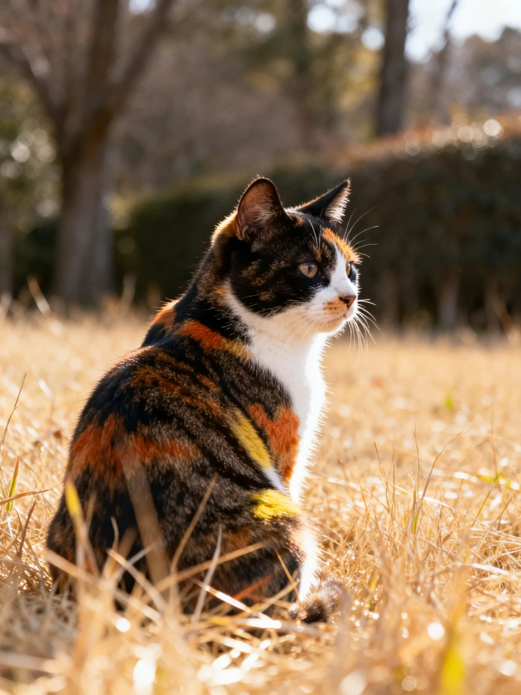 A calico cat sits in golden grass near blurred trees