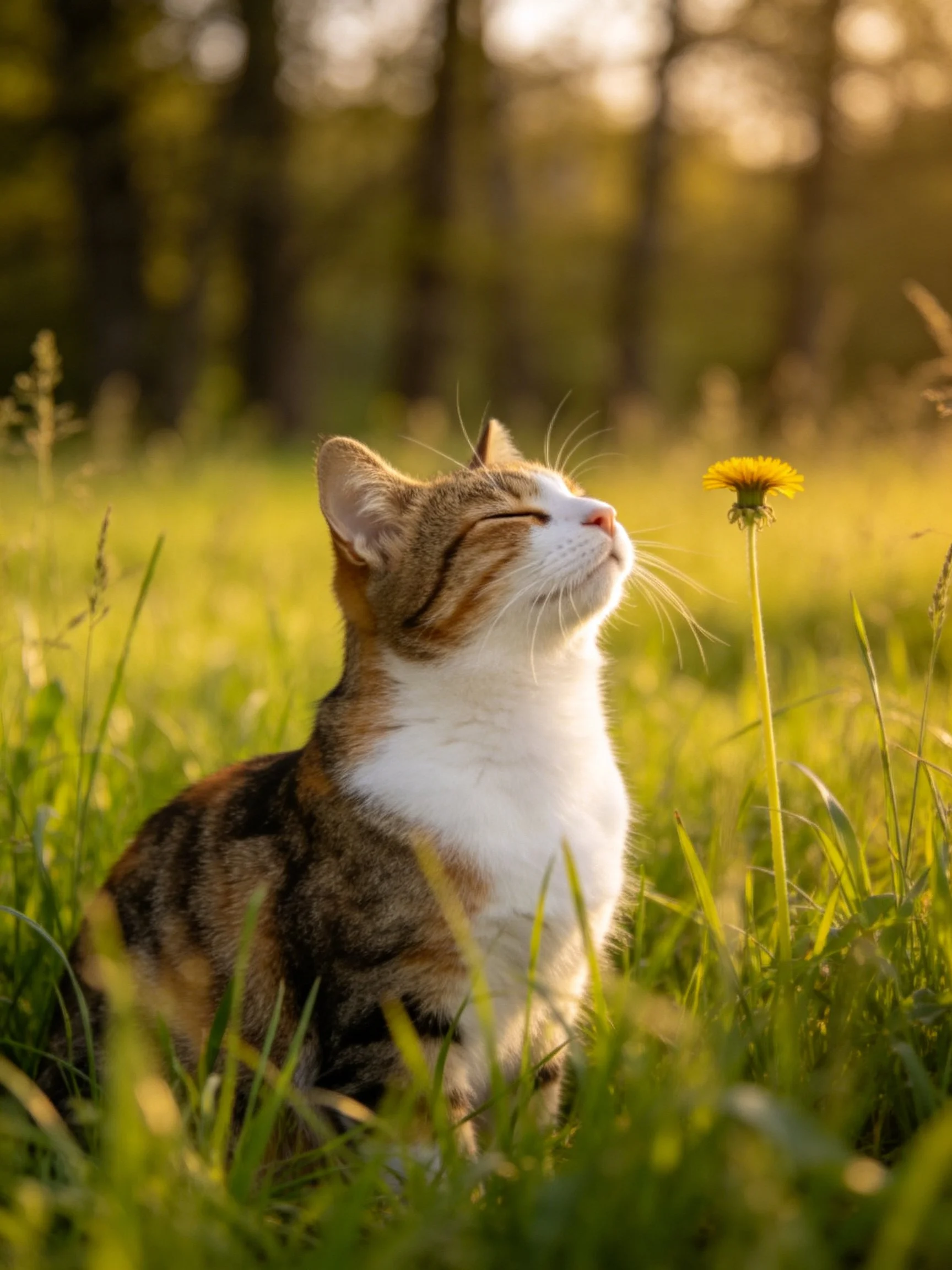 A calico cat sits in tall green grass near a yellow dandelion