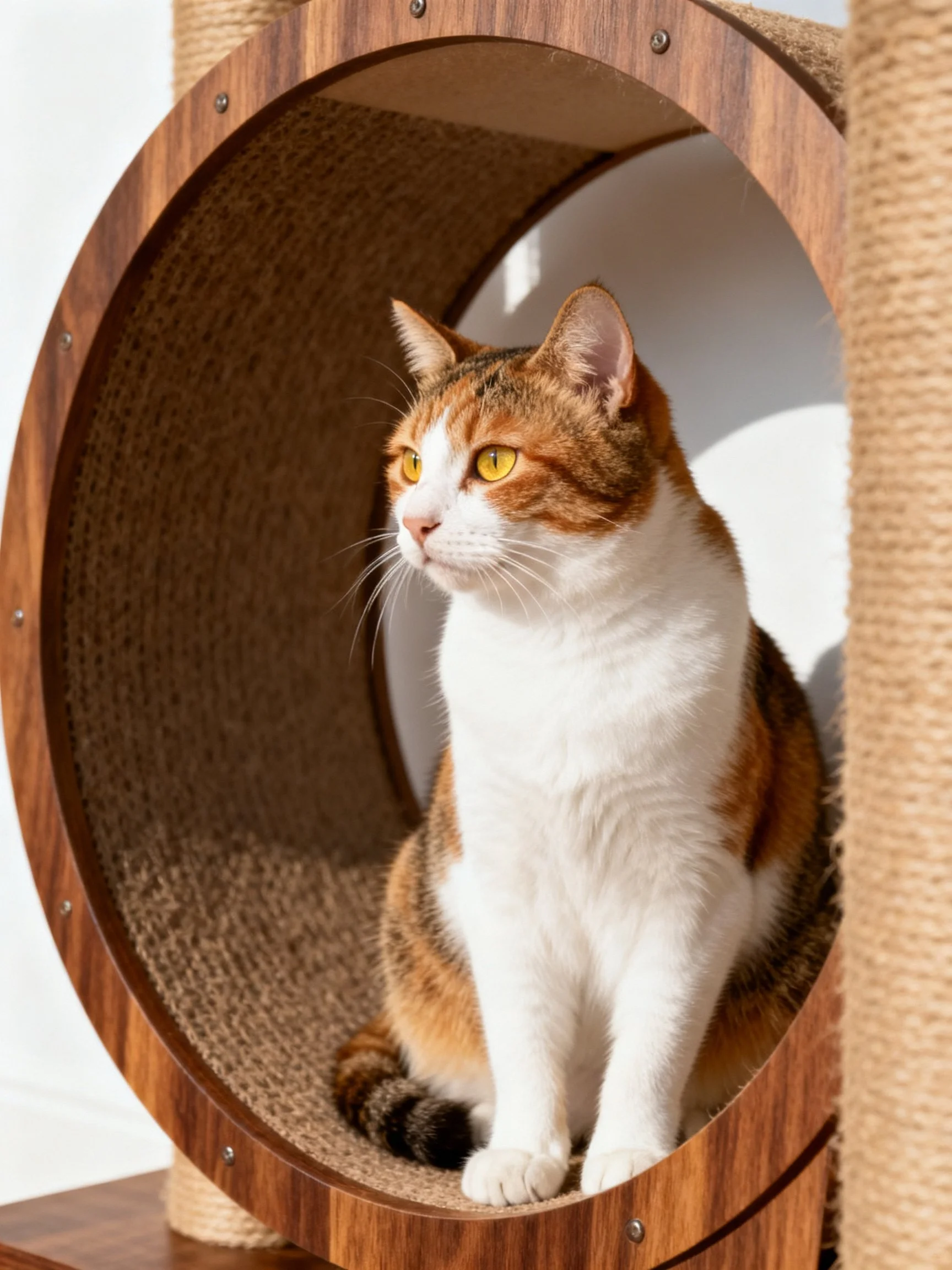 A calico cat sits inside a wooden and jute cat house structure