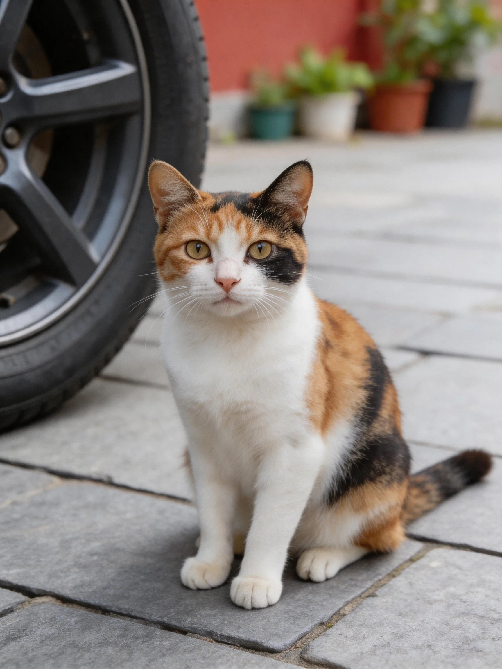 A calico cat sits calmly next to a car tire on stone pavement.