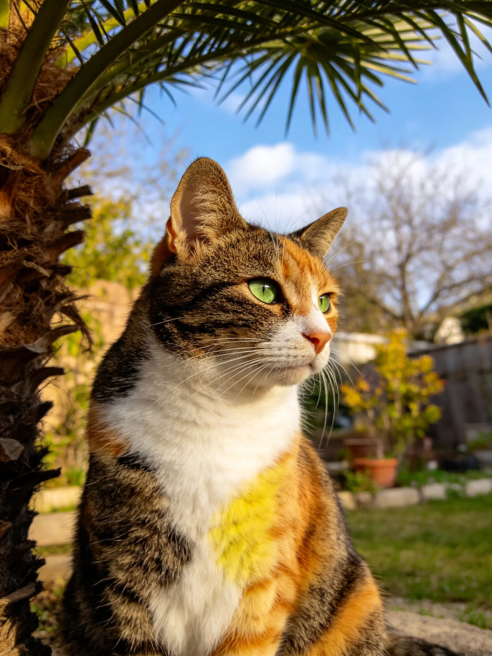A calico cat rests beside a palm tree in a sunlit backyard.