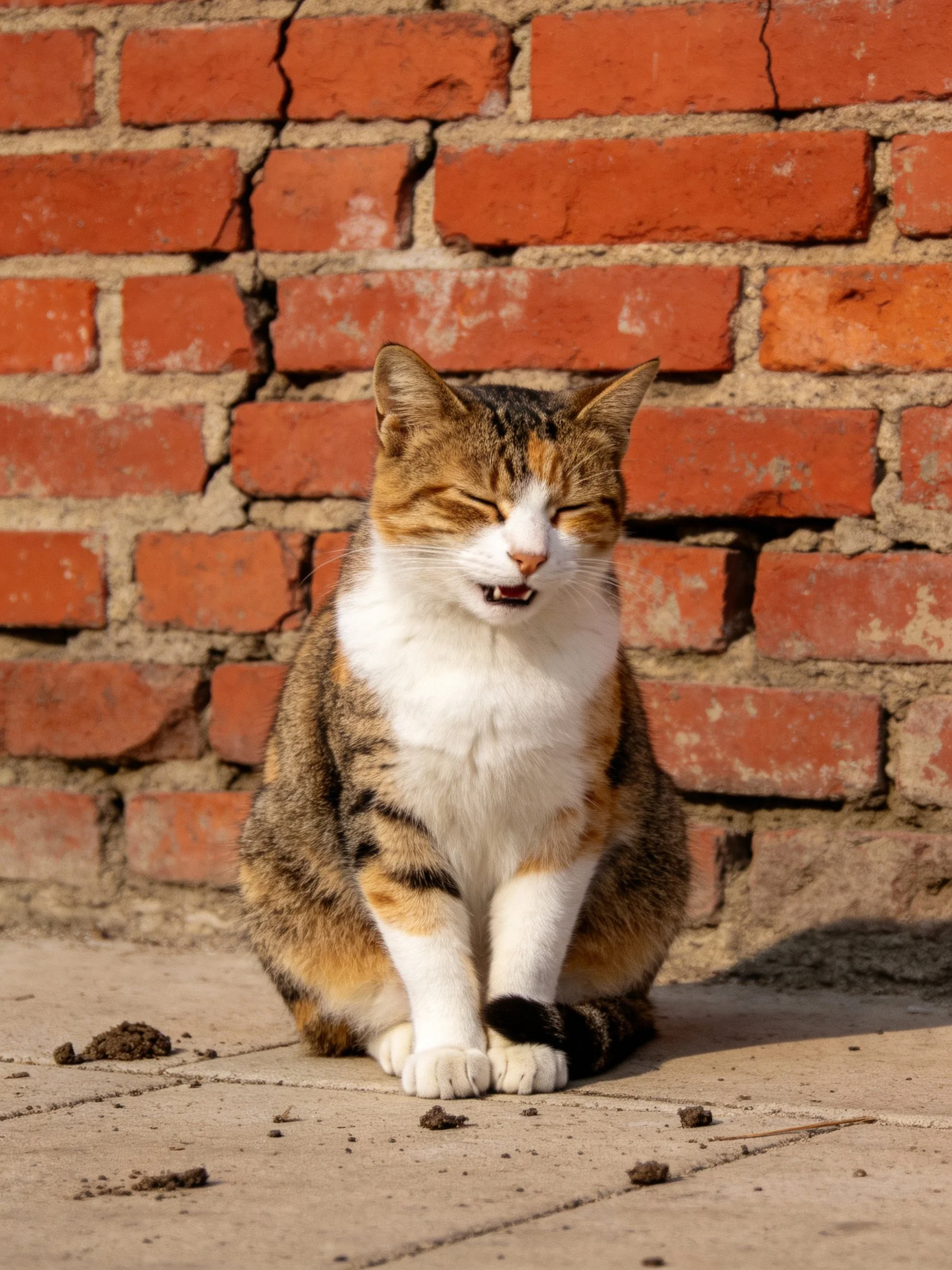 A calico cat rests beside an aged red brick wall with scattered debris.