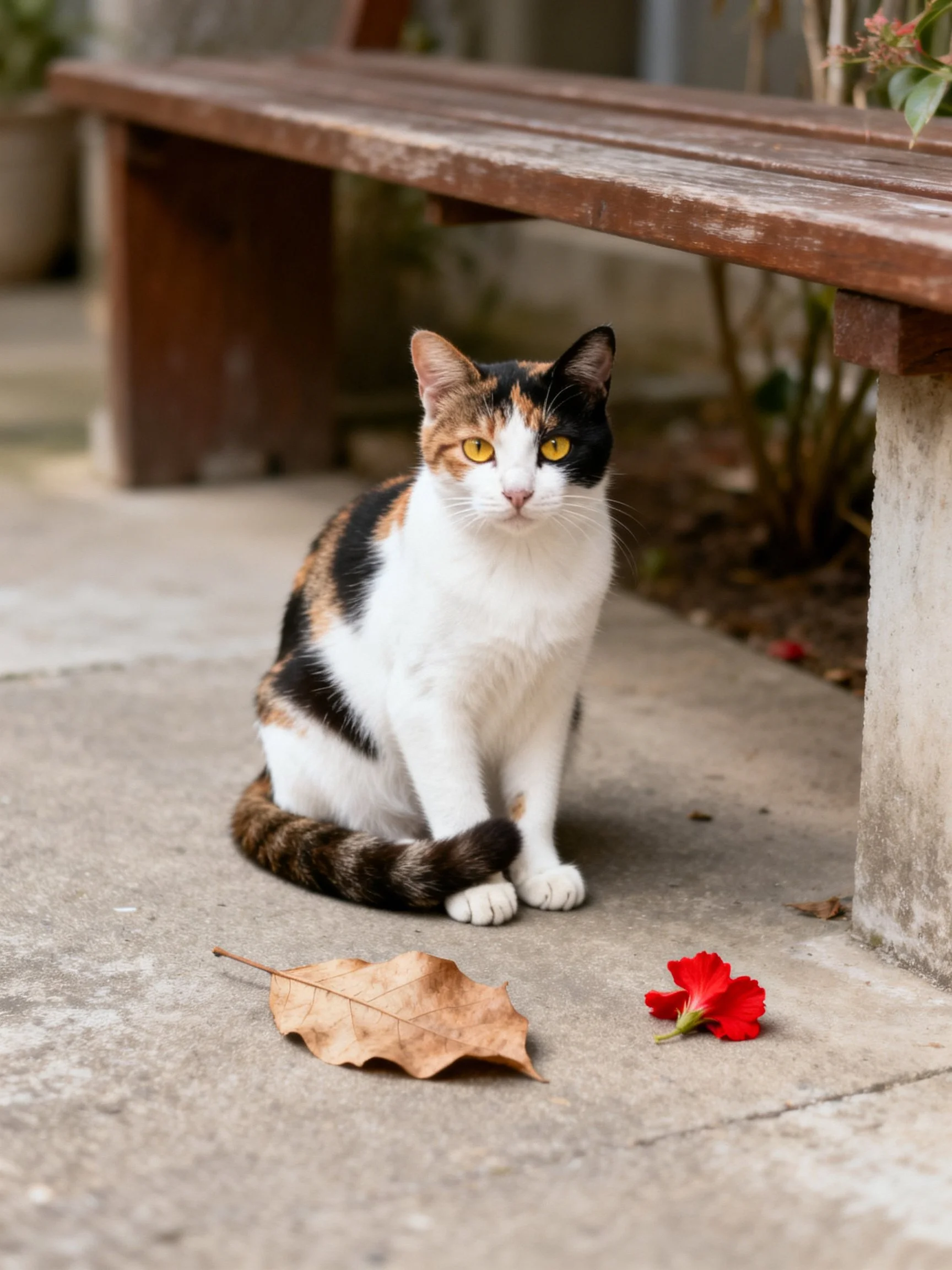 A calico cat sits near a bench with a red flower and brown leaf on the concrete