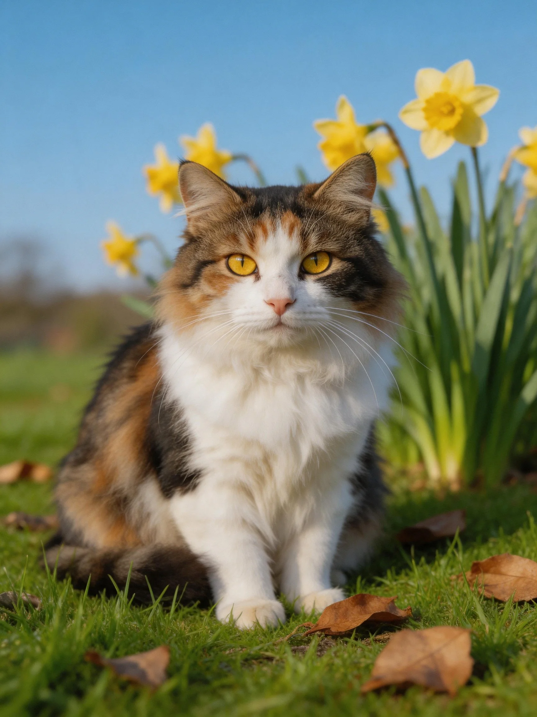A calico cat rests beside bright yellow daffodils in a sunny outdoor setting.