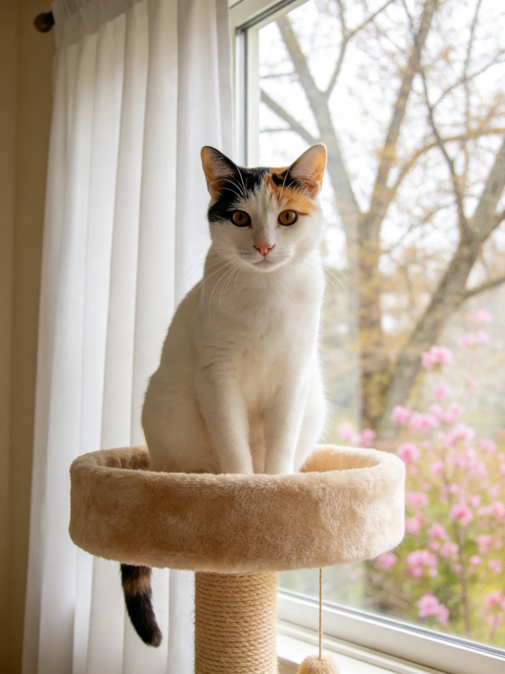 A calico cat sits on a beige cat tree by a sunlit window