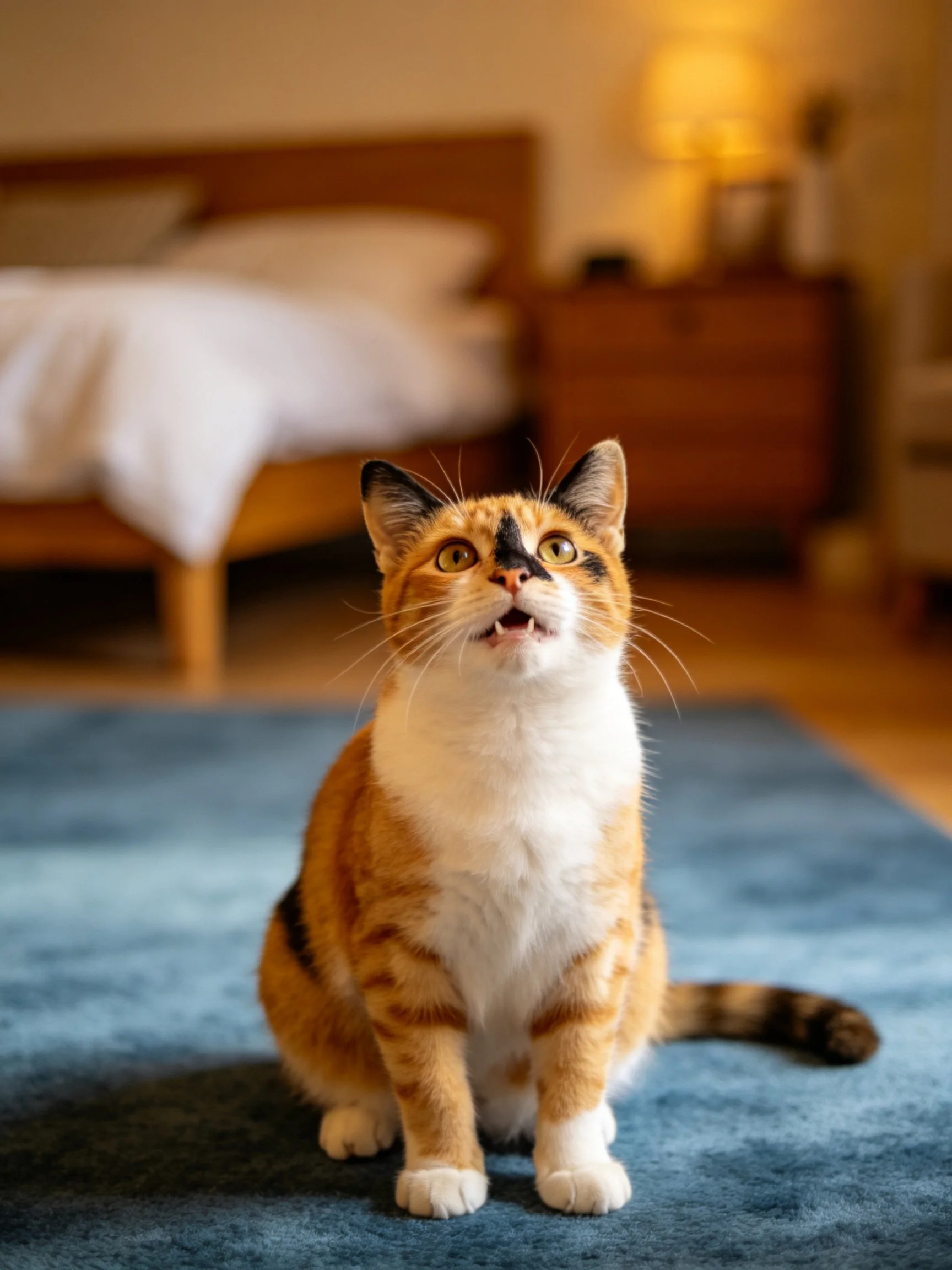 A calico cat sits on a blue rug in a cozy bedroom