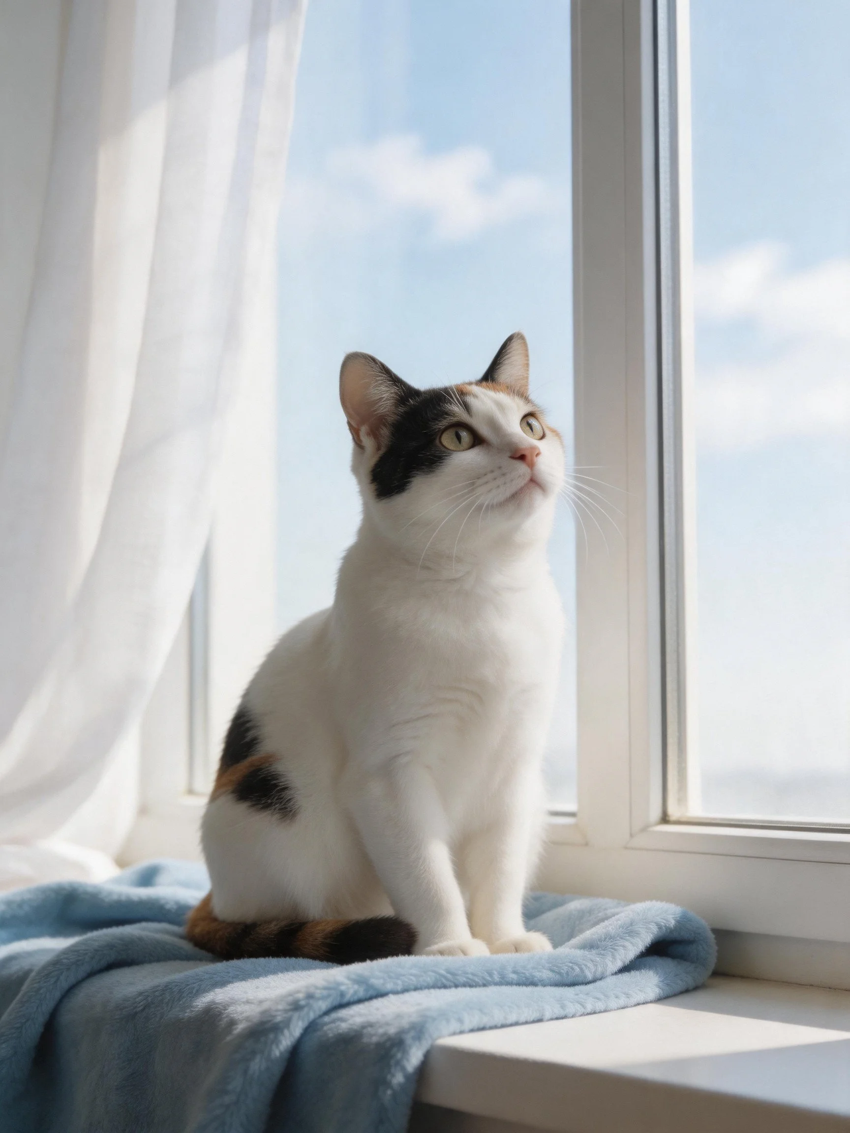 A calico cat sits on a blue towel by a sunlit window with white curtains