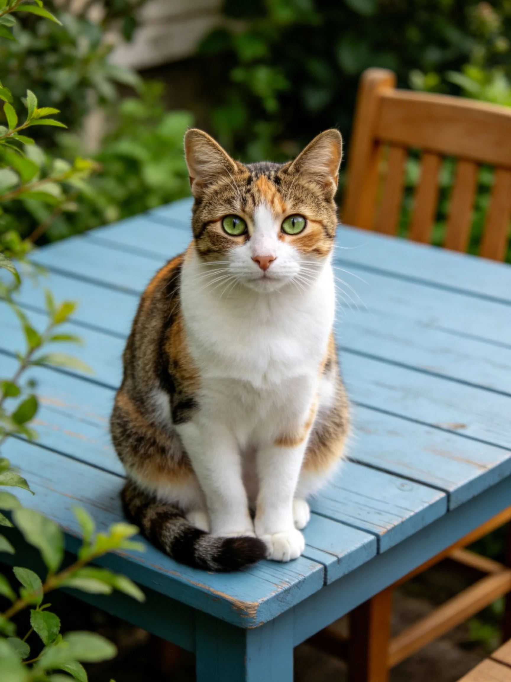 A calico cat sits on a blue wooden table in a verdant outdoor space