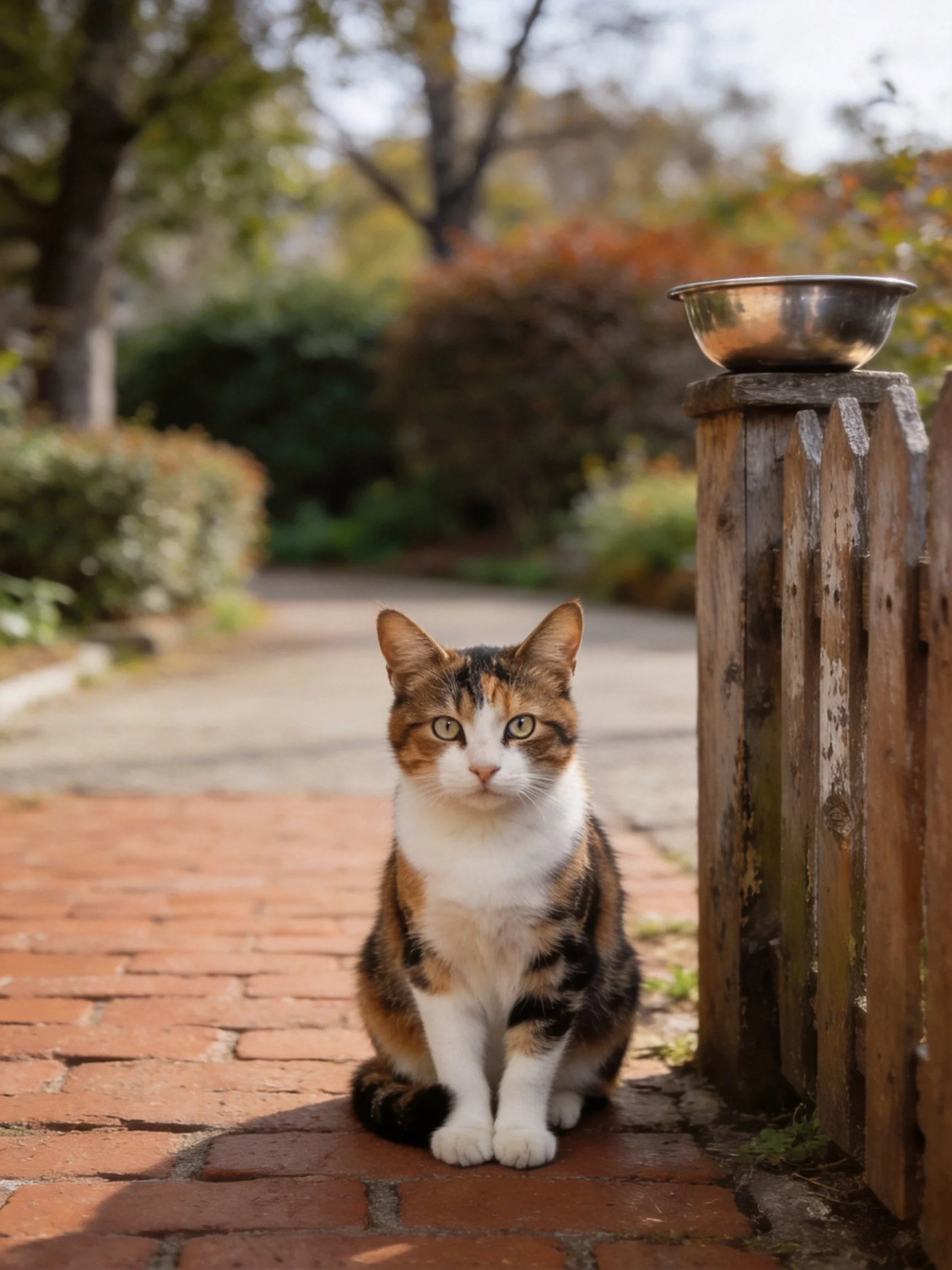 A calico cat sits on a brick path near a wooden fence post with a metal bowl