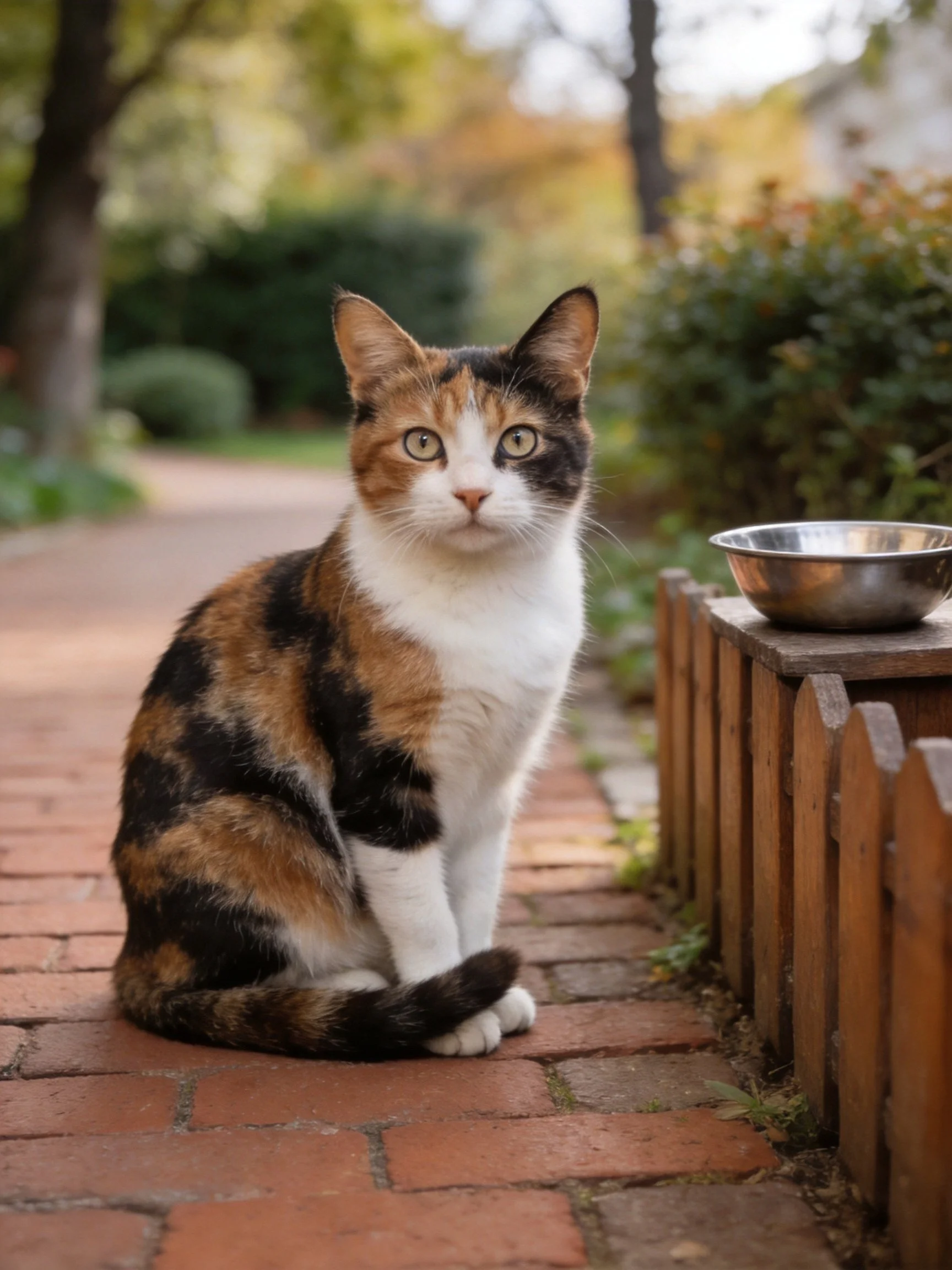 A calico cat sits on a brick pathway near a wooden fence