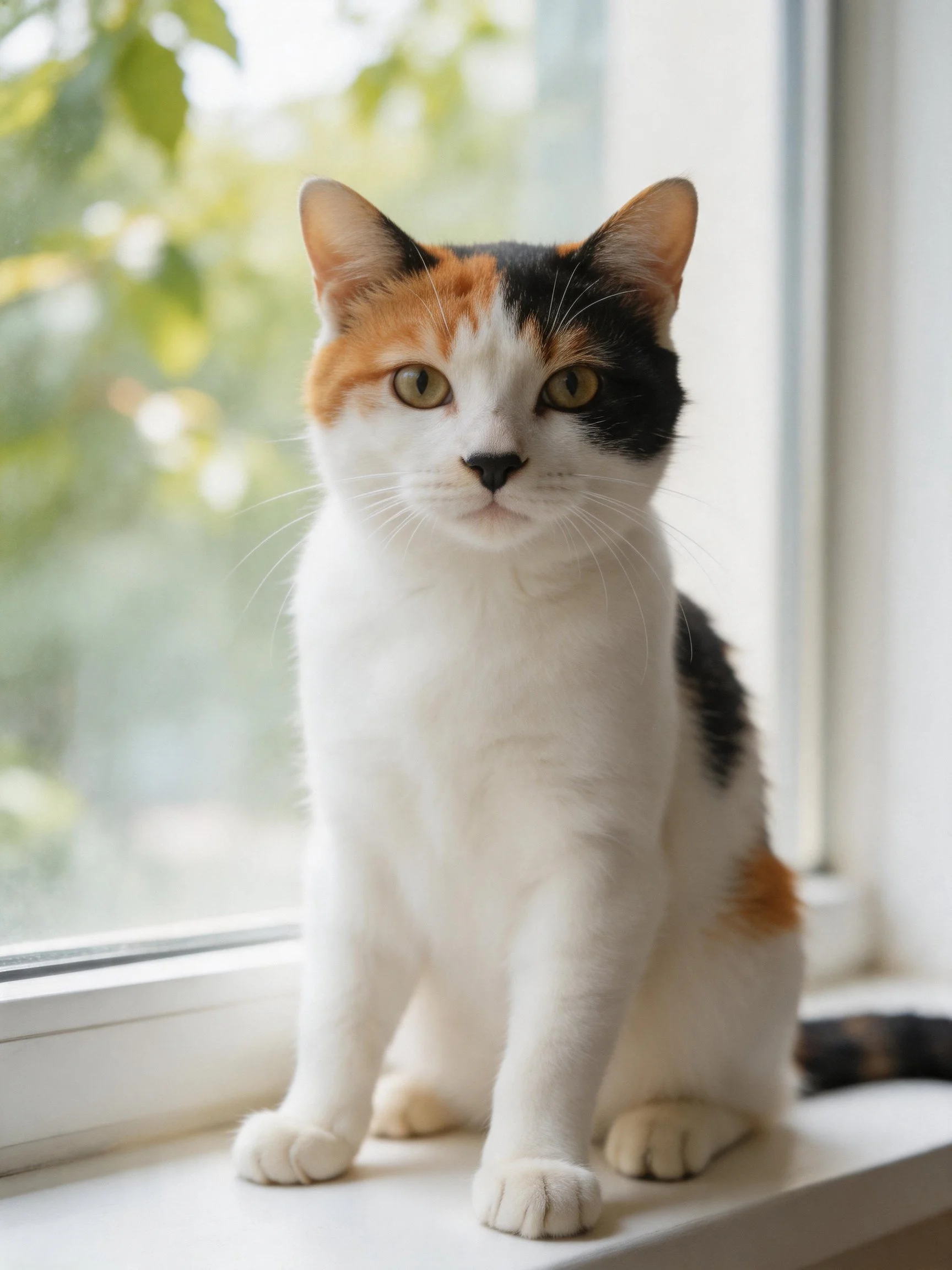 A calico cat sits calmly on a windowsill with natural light and greenery in the background
