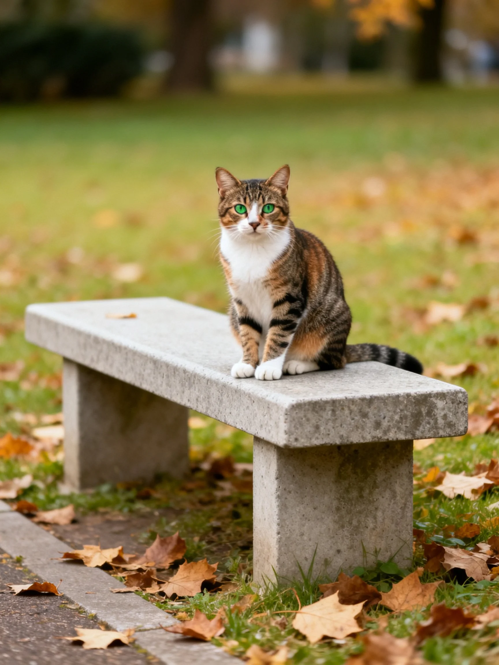 A calico cat sits on a concrete bench amid fallen autumn leaves