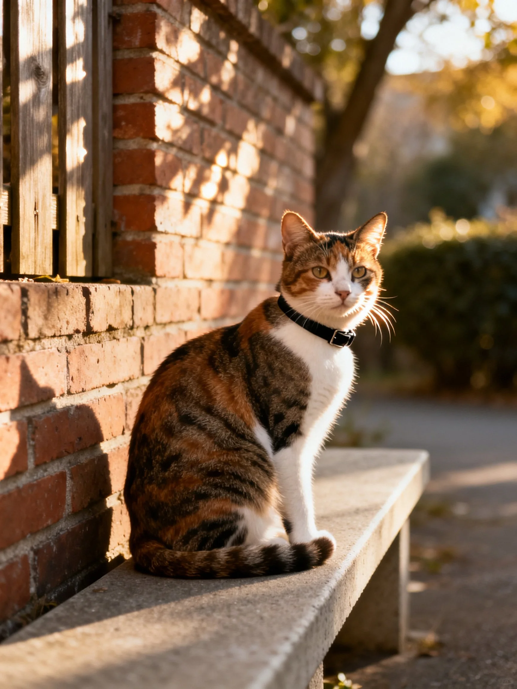 A calico cat sits on a concrete bench by a red brick wall