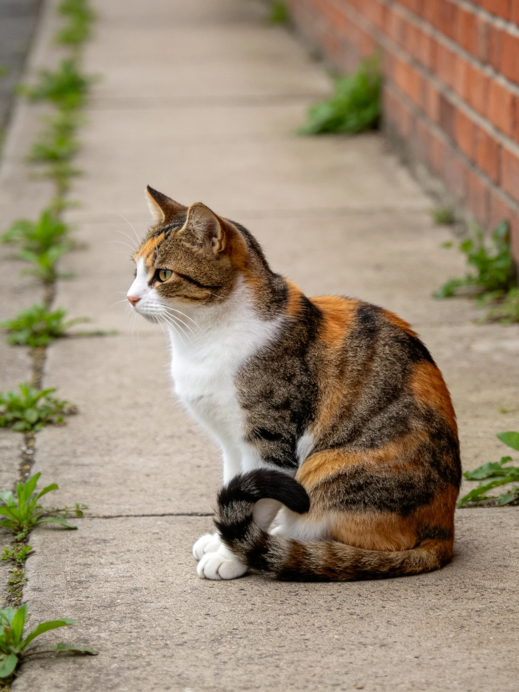 A calico cat sits on a concrete path near a brick wall with plants