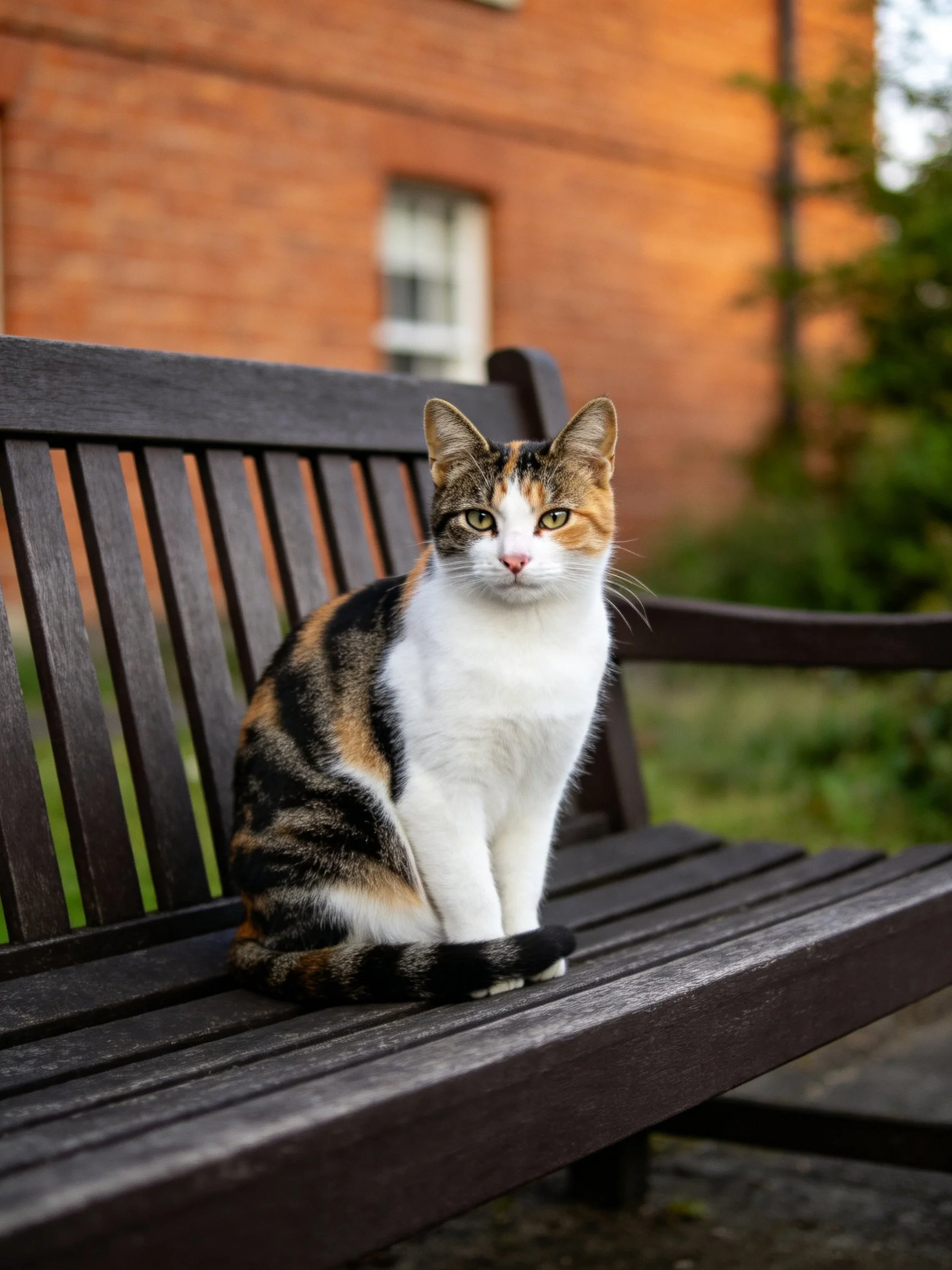 A calico cat sits on a wooden bench outside by a brick building.