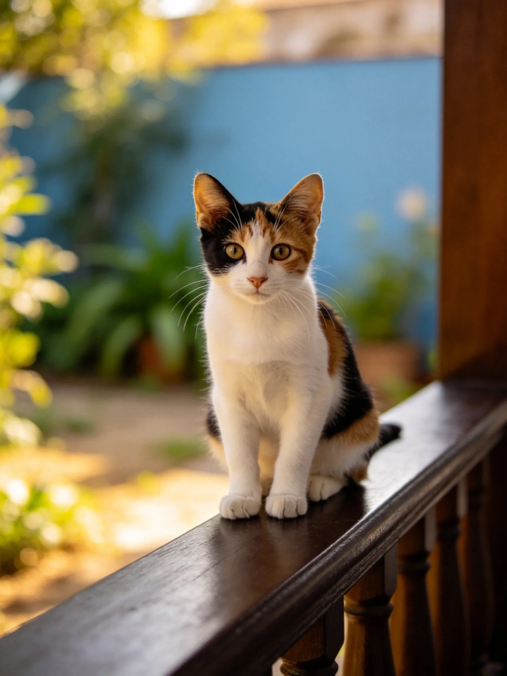 A calico cat sits on a wooden railing in a space with a blue wall and greenery.