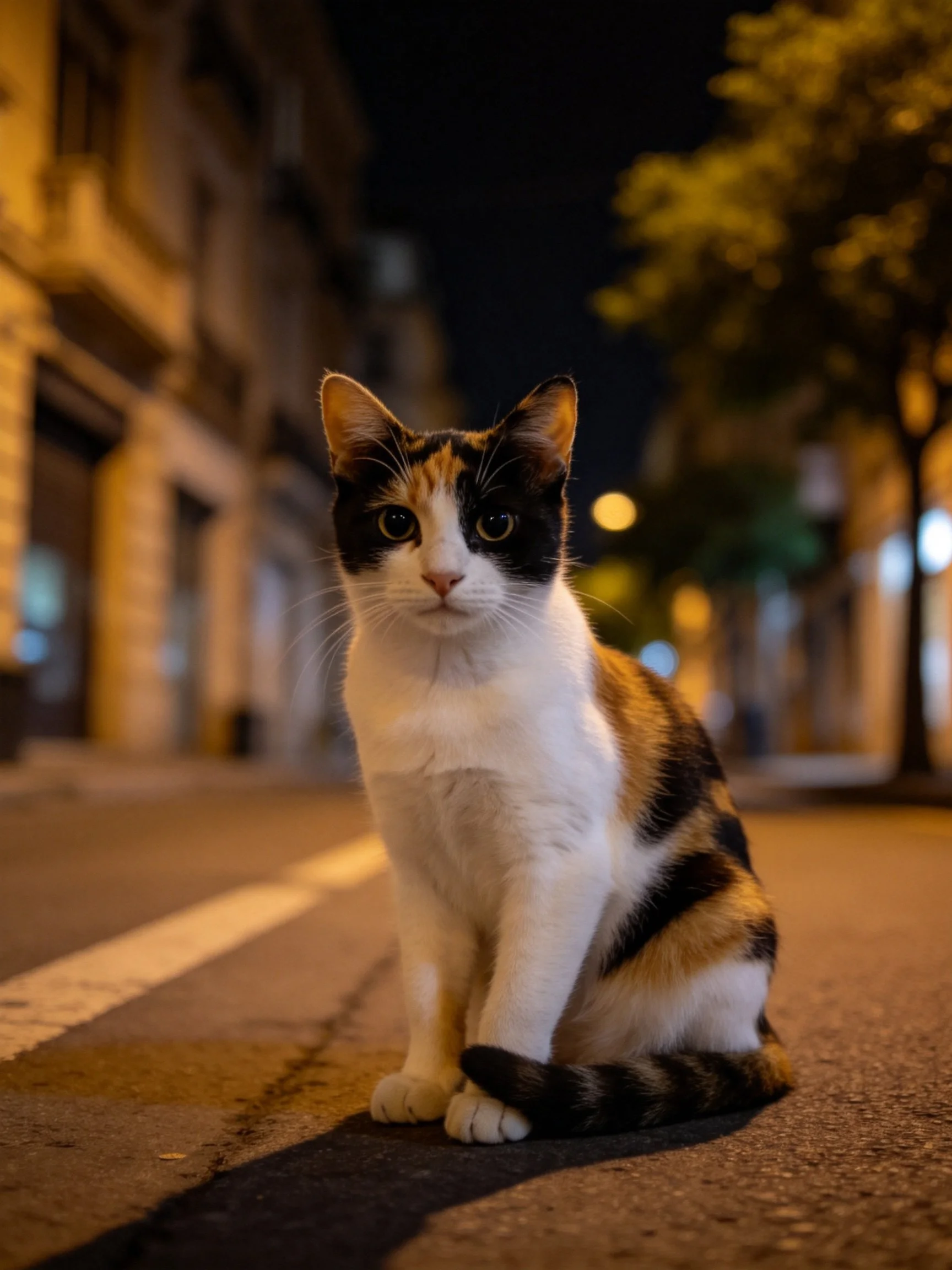A calico cat sits on a dimly lit city street at night