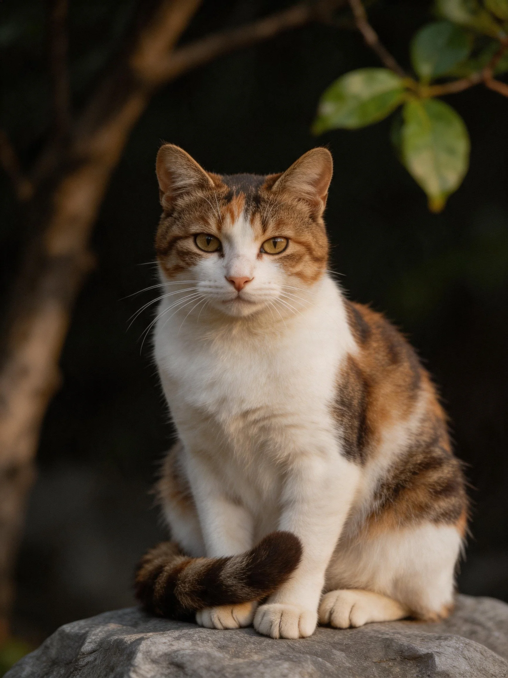 A calico cat sits on a gray rock amid dark foliage