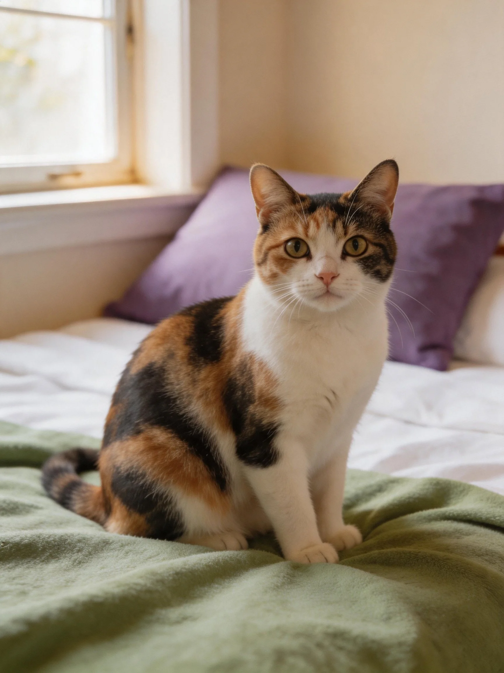 A calico cat sits on a green blanket near purple pillows by a window.