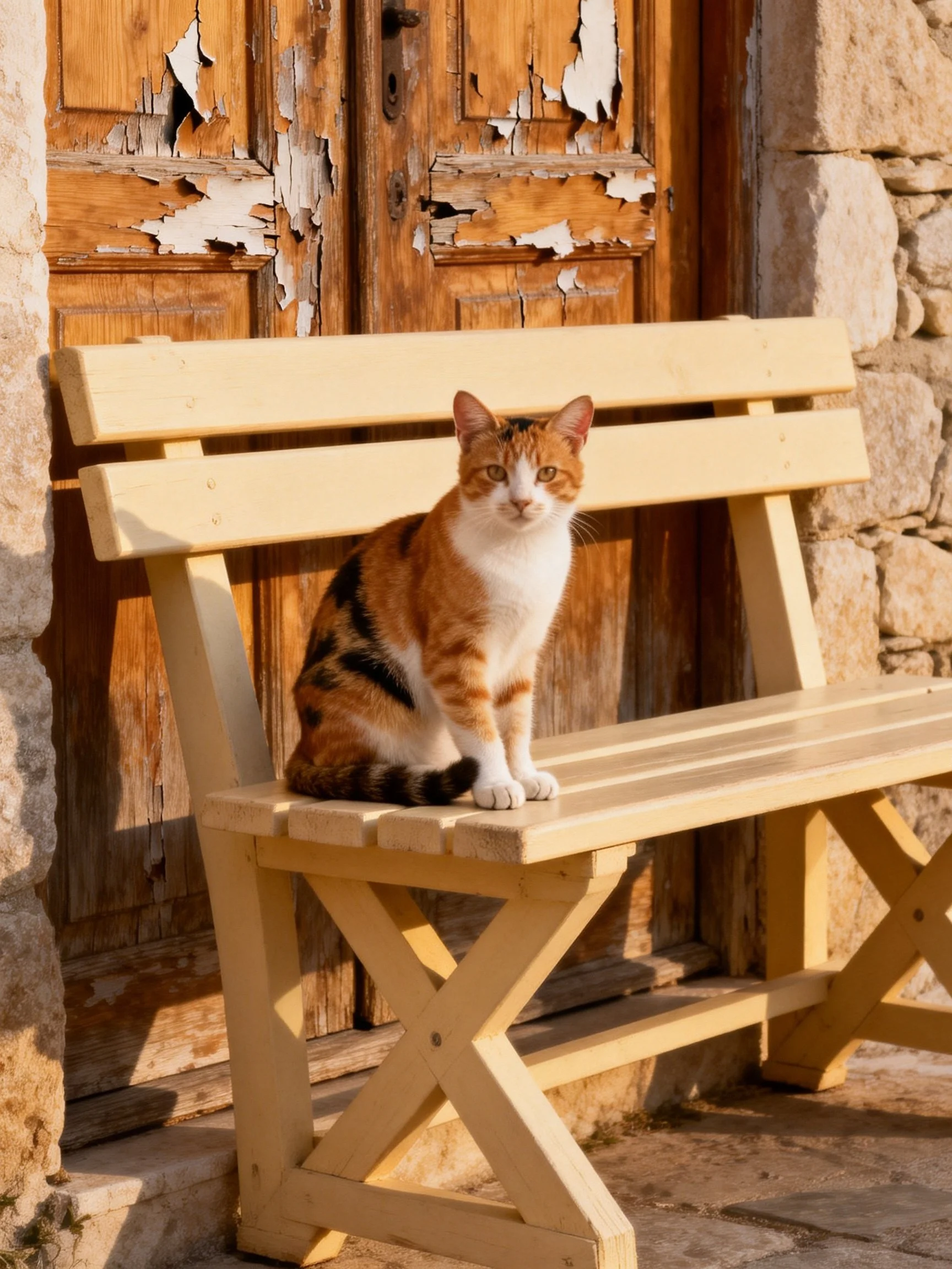 A calico cat sits on a light wood bench near an aged wooden door