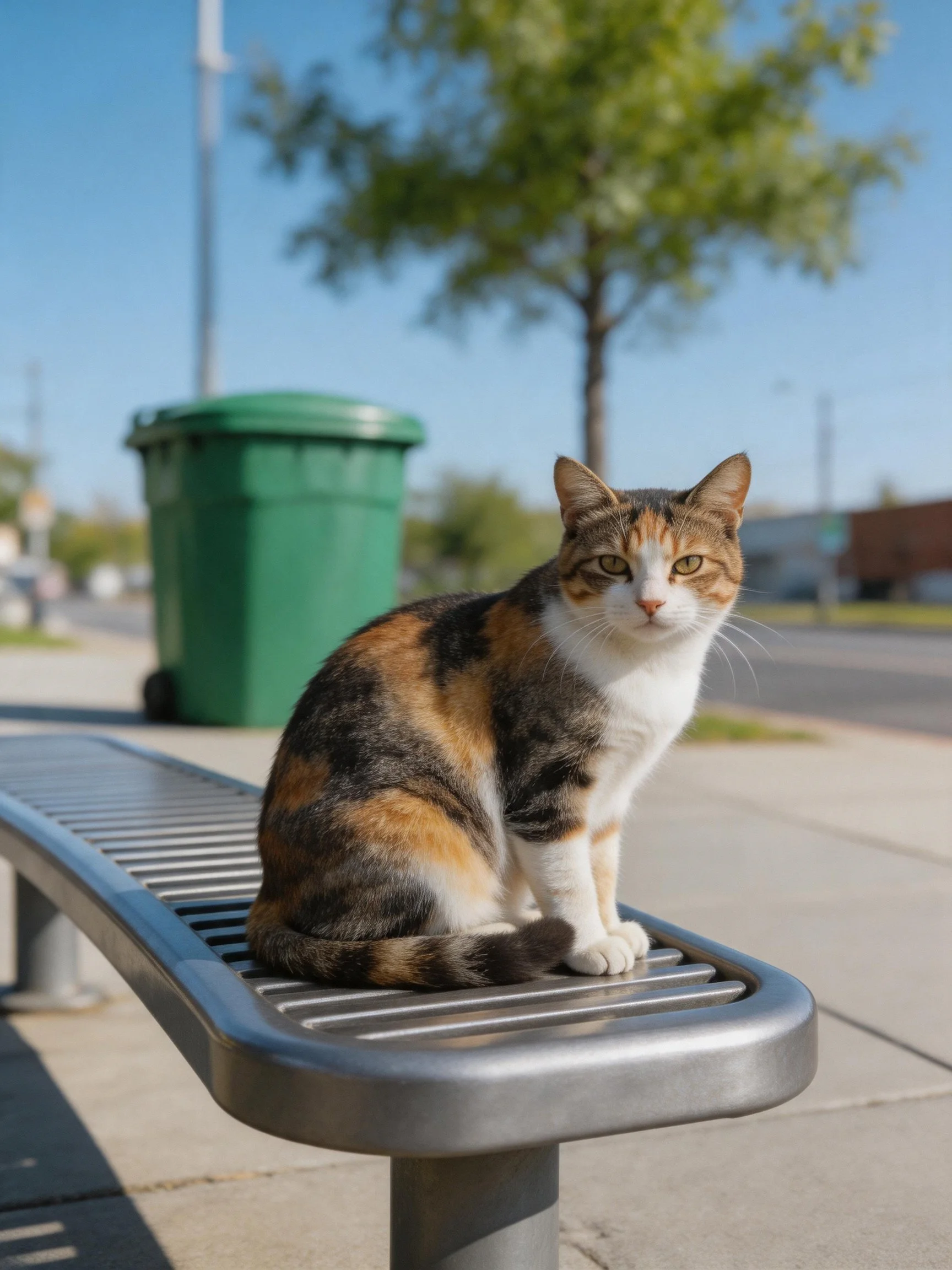 A calico cat sits on a metallic bench beside a green trash bin