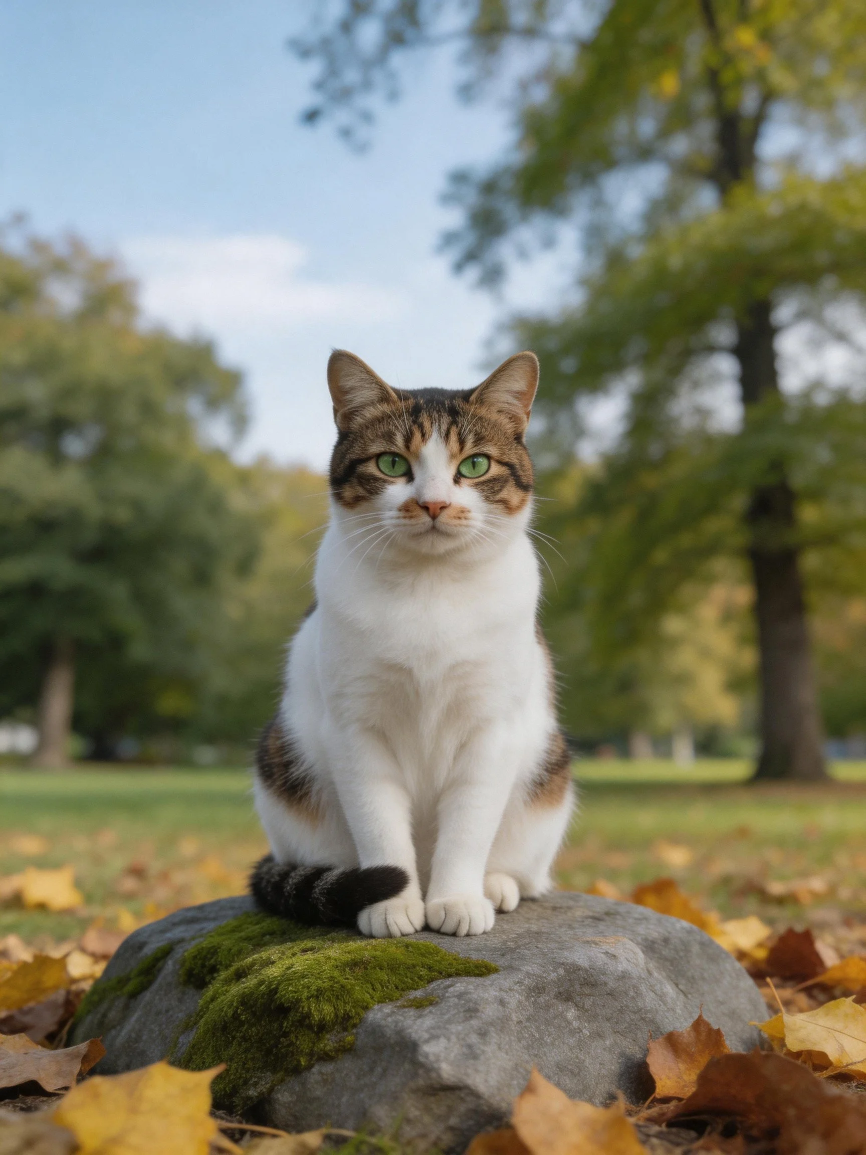 A calico cat sits on a moss-covered stone surrounded by fallen autumn leaves