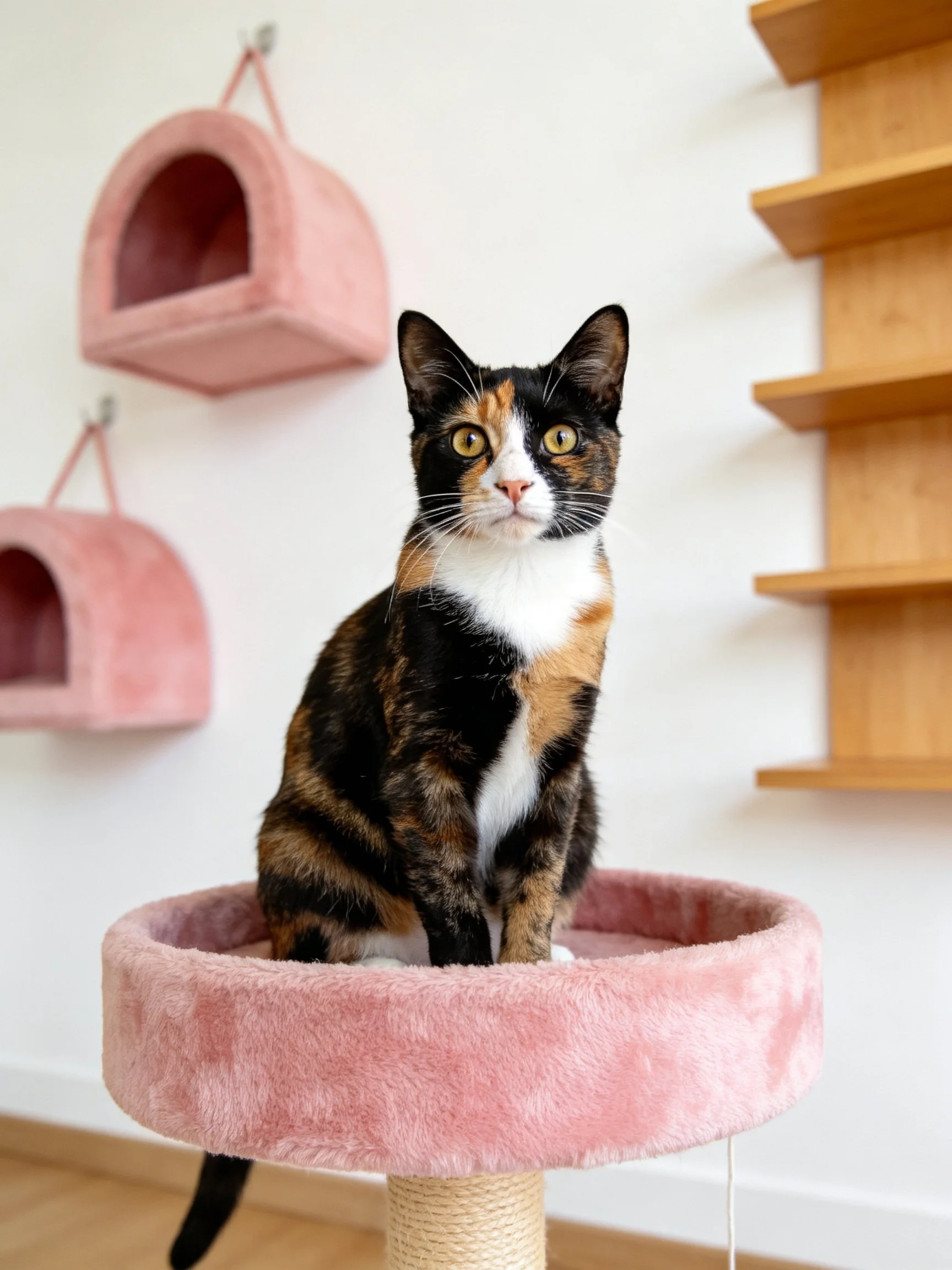 A calico cat sits on a pink pet bed with two hanging beds nearby