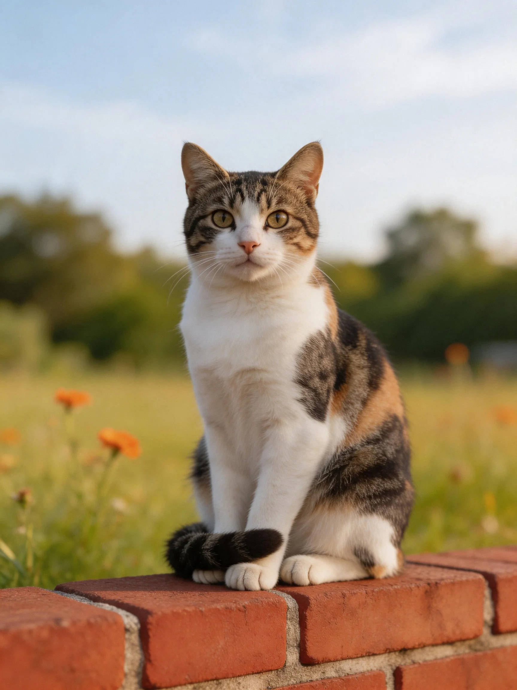 A calico cat sits on a red brick wall near a flowered meadow
