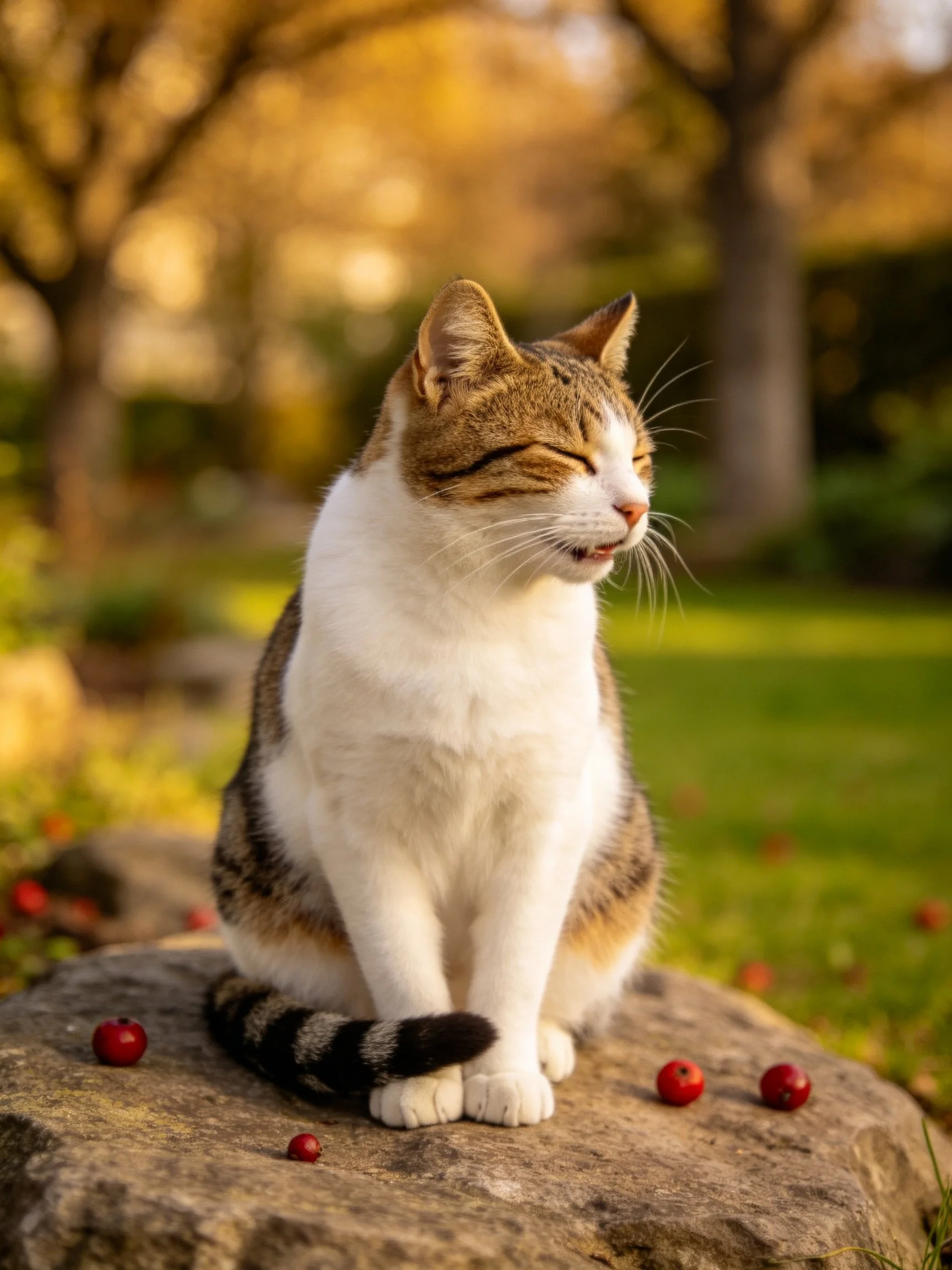 A calico cat sits on a rock amid red berries in golden light