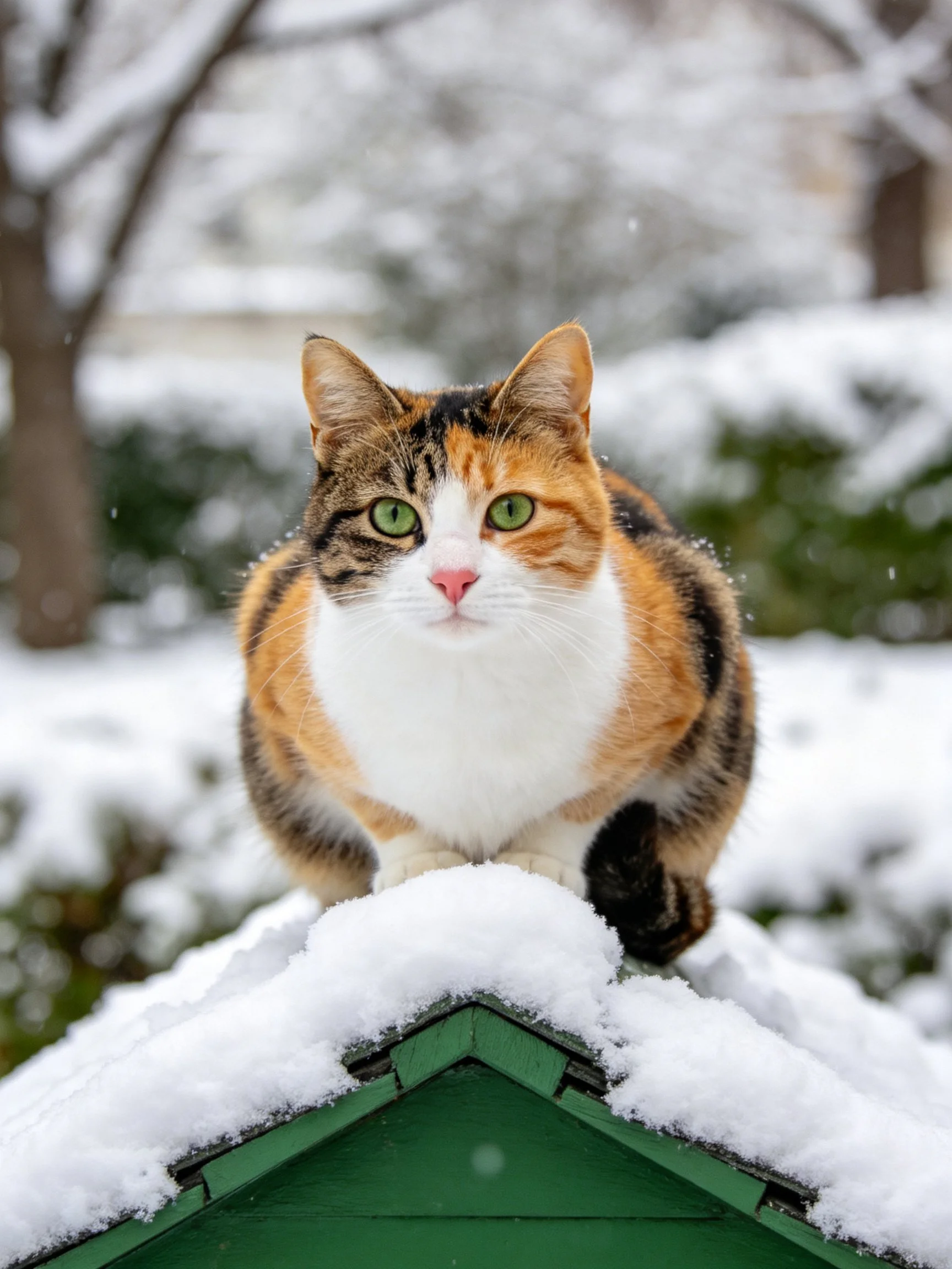 A calico cat sits on a snow-covered green rooftop