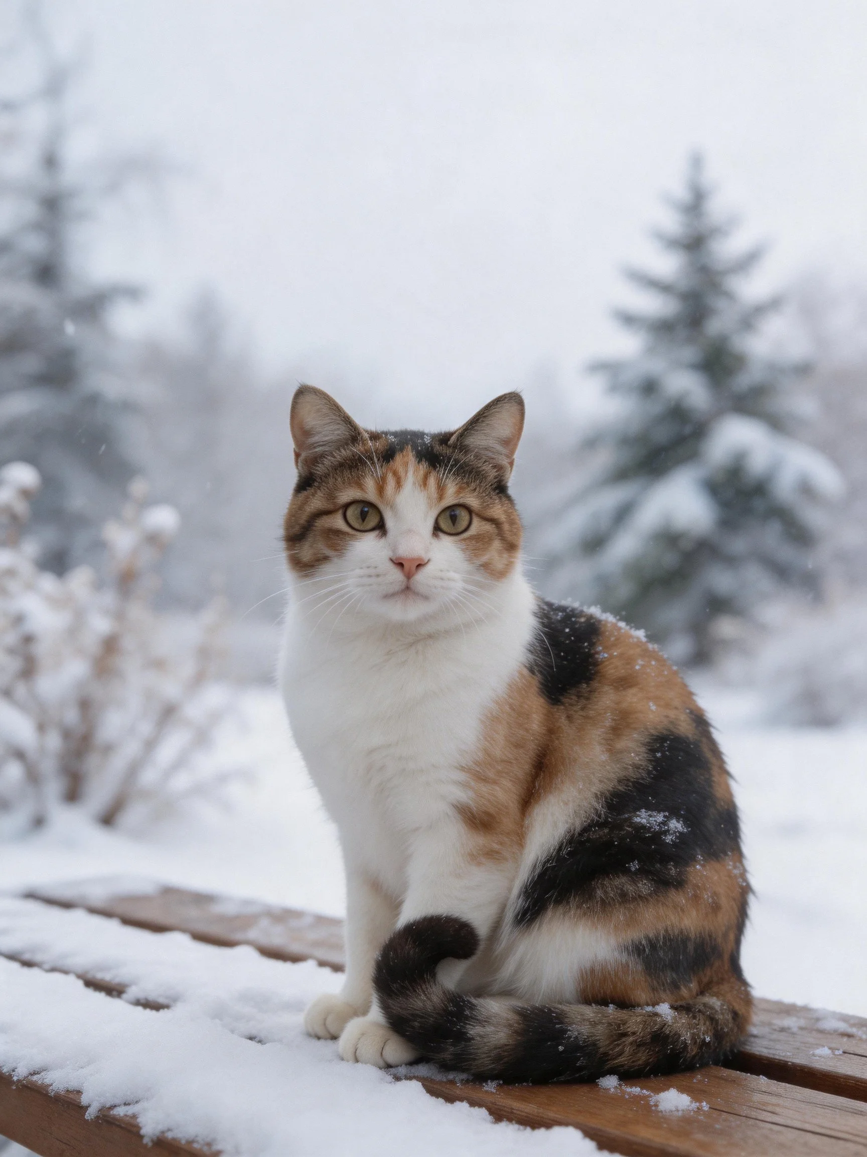 A calico cat sits on a snow - dusted wooden bench among snow - laden evergreens