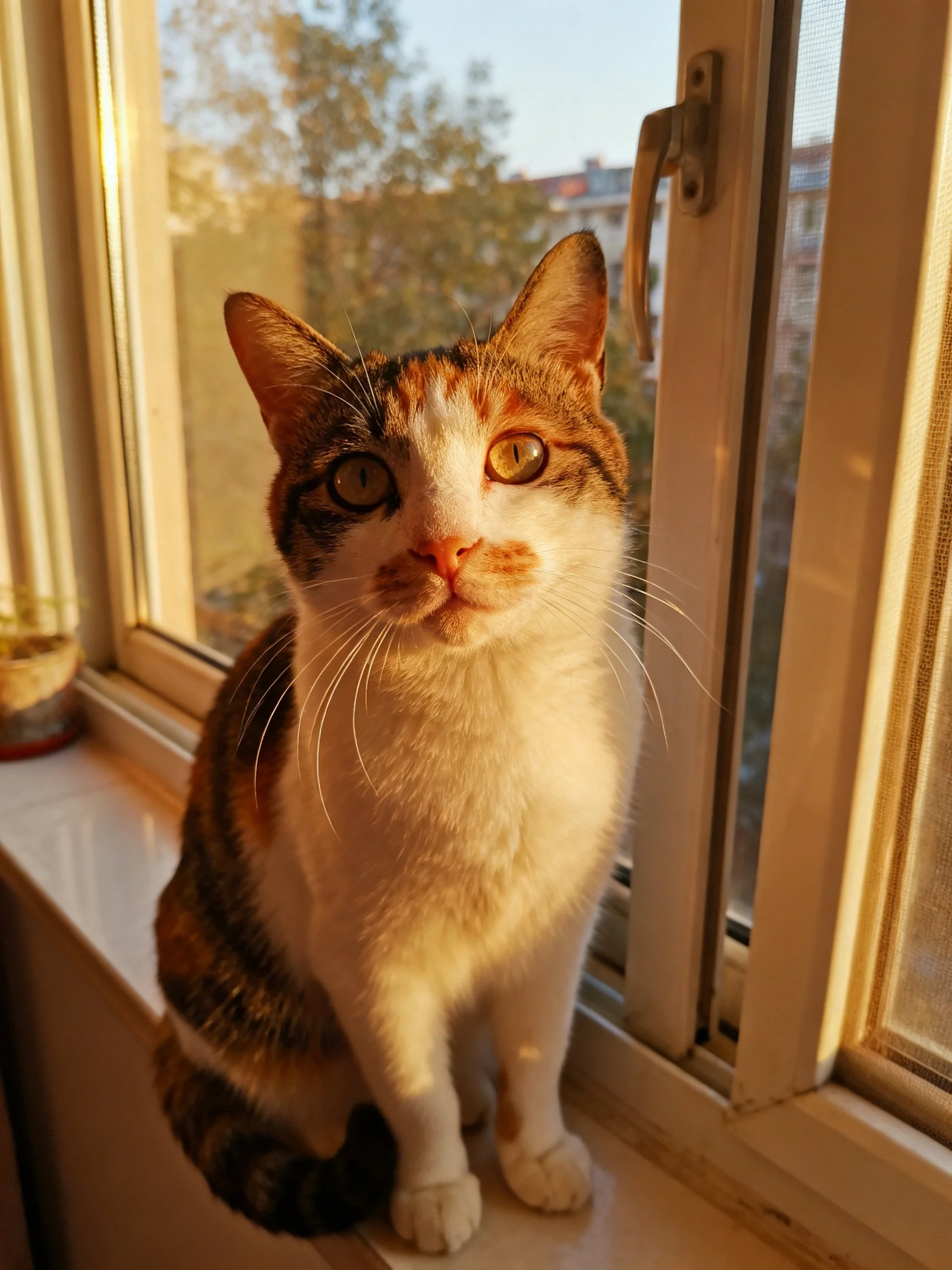 A calico cat sits on a sunlit windowsill, bathed in golden light.