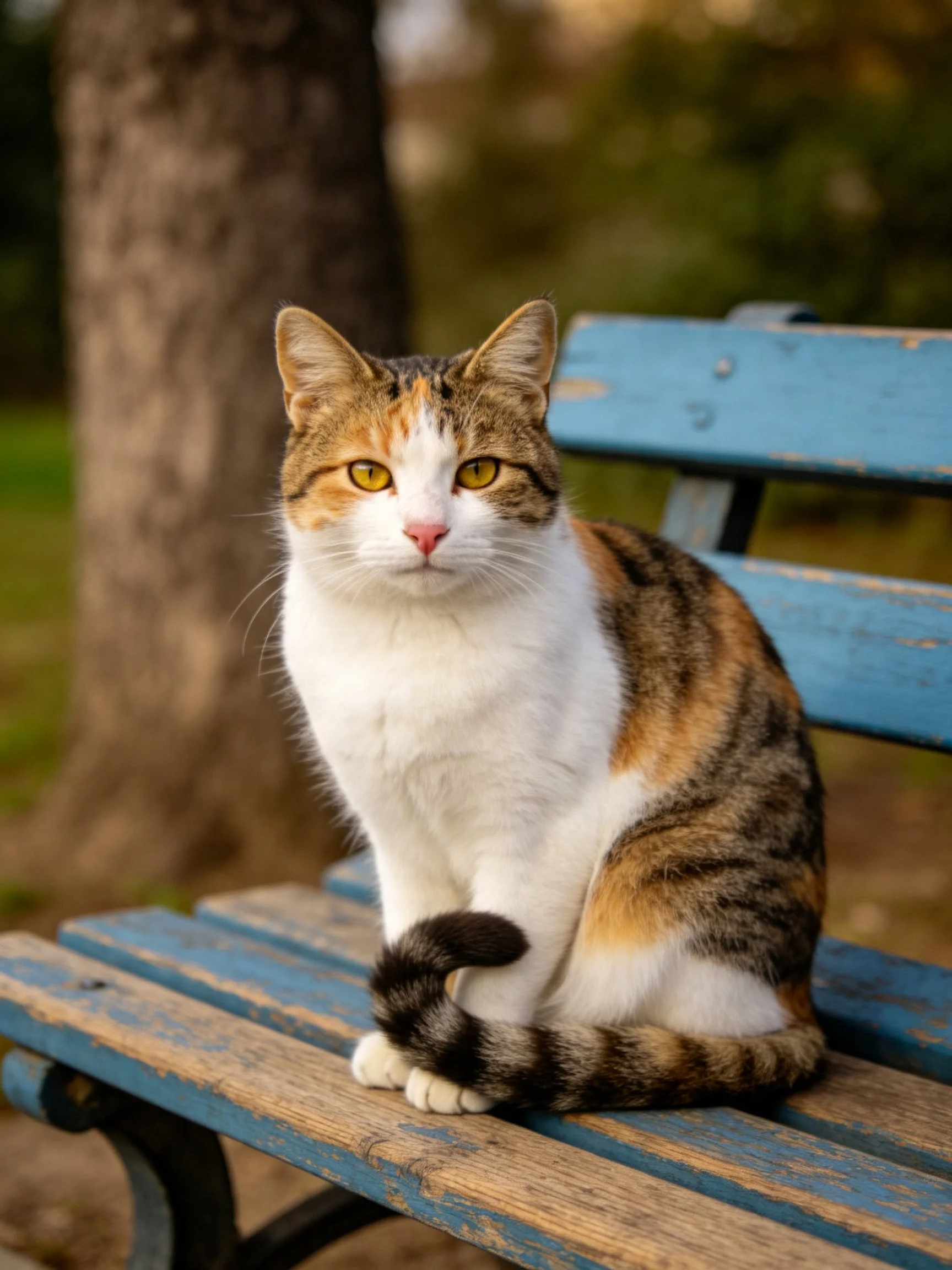 A calico cat sits on a weathered blue park bench
