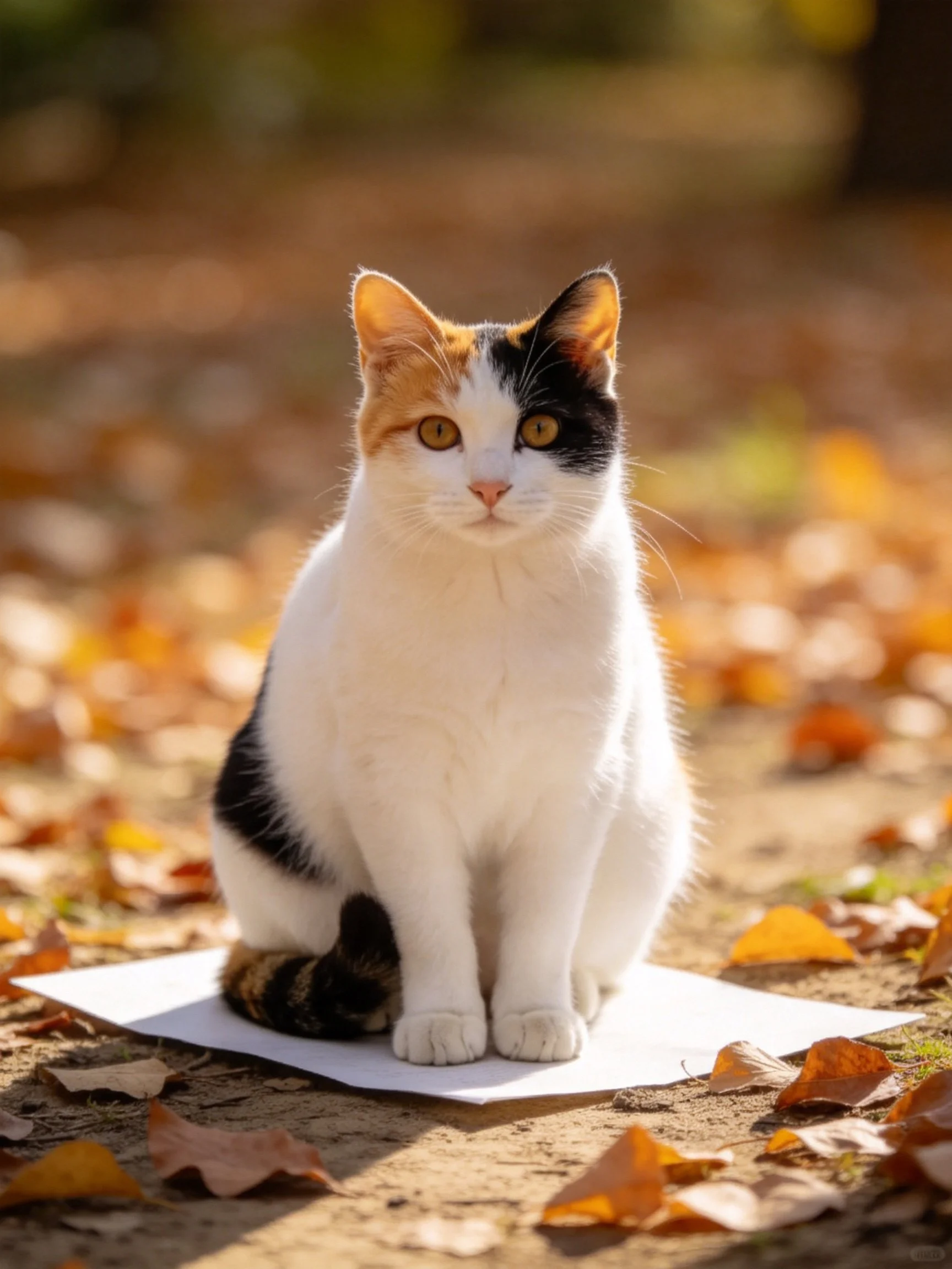 A calico cat sits on a white sheet amid autumn leaves