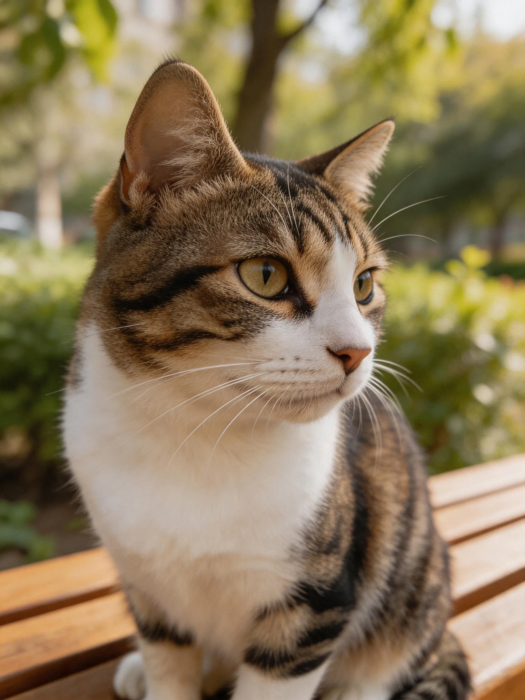 A calico cat sits on a wooden bench in a sunlit park