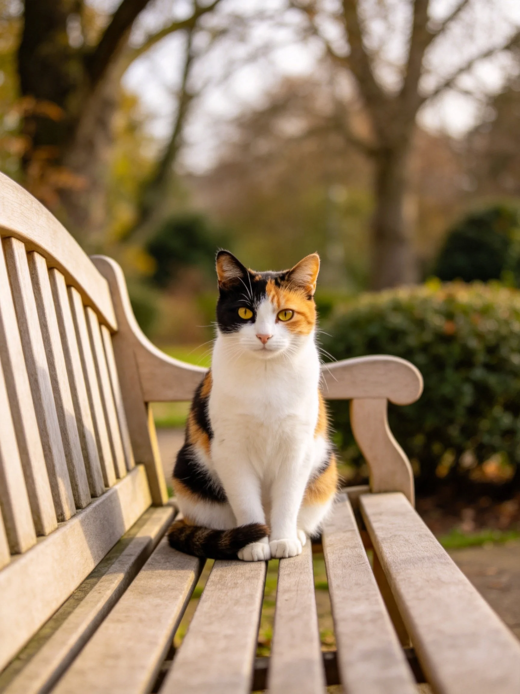 A calico cat sits on a wooden bench in a sunlit park