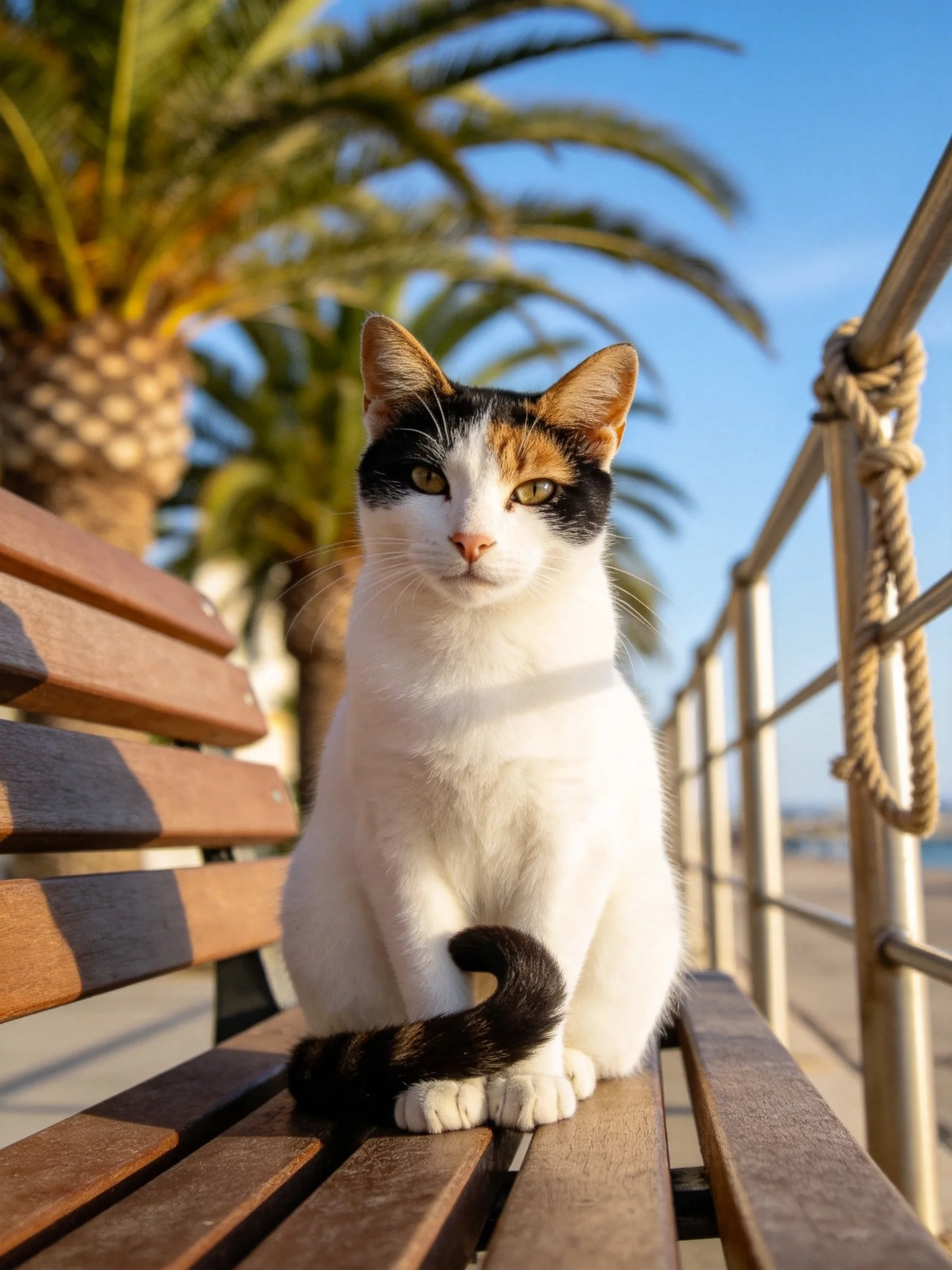 A calico cat sits on a wooden bench near palm trees