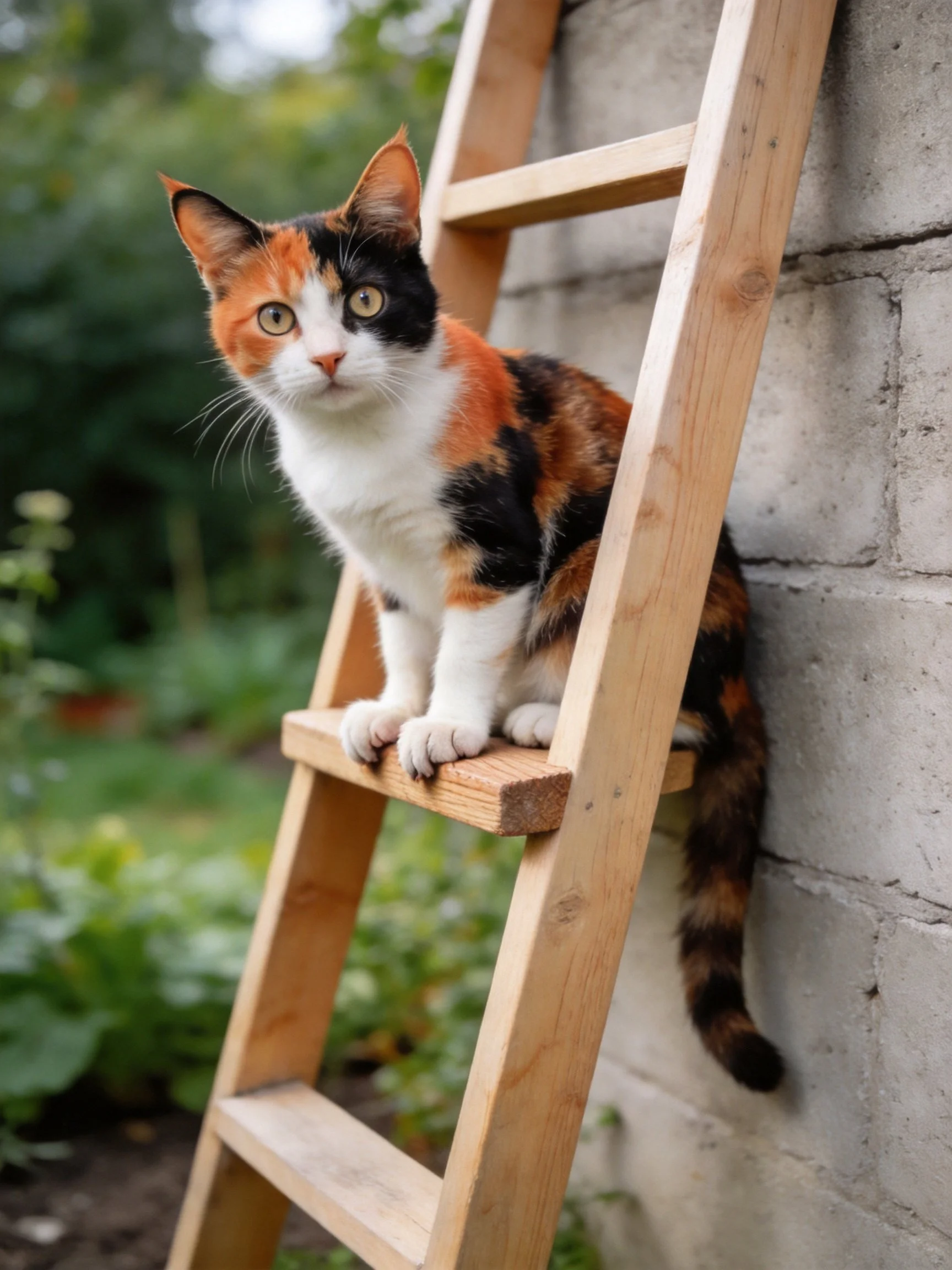A calico cat sits on a wooden ladder near a stone wall