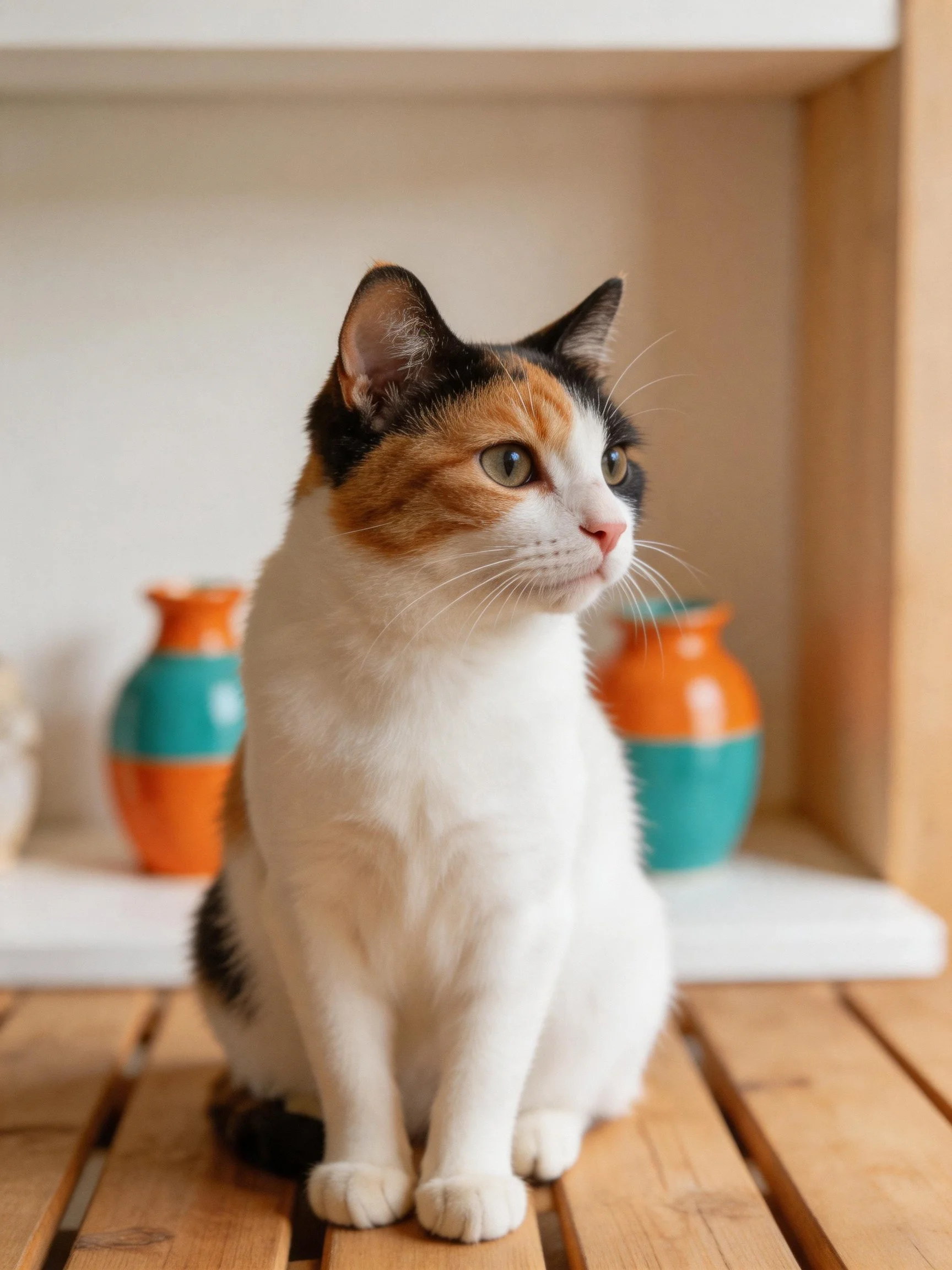 A calico cat sits on a wooden surface near turquoise-orange vases