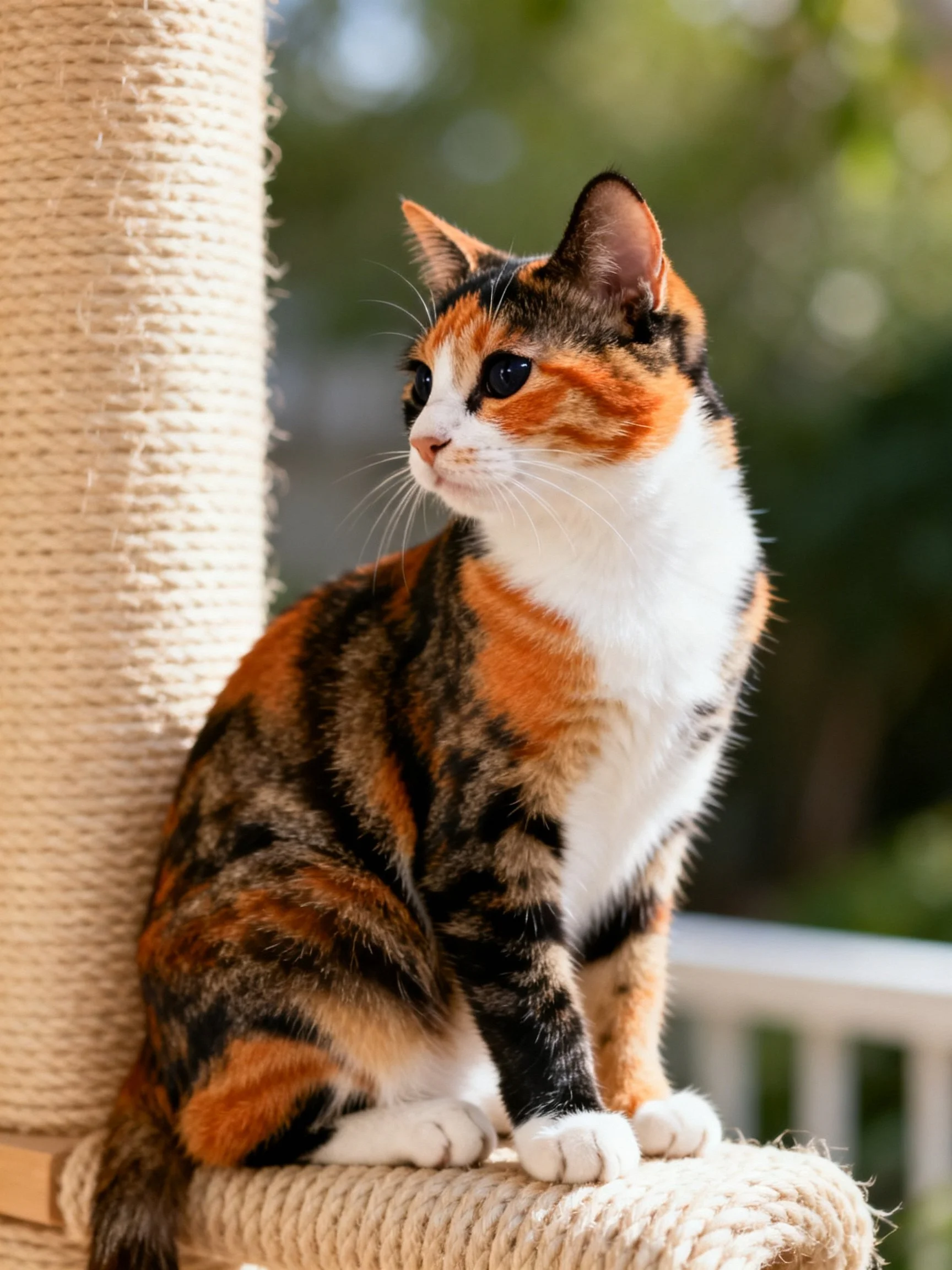 A calico cat sits on a woven scratching post outdoors