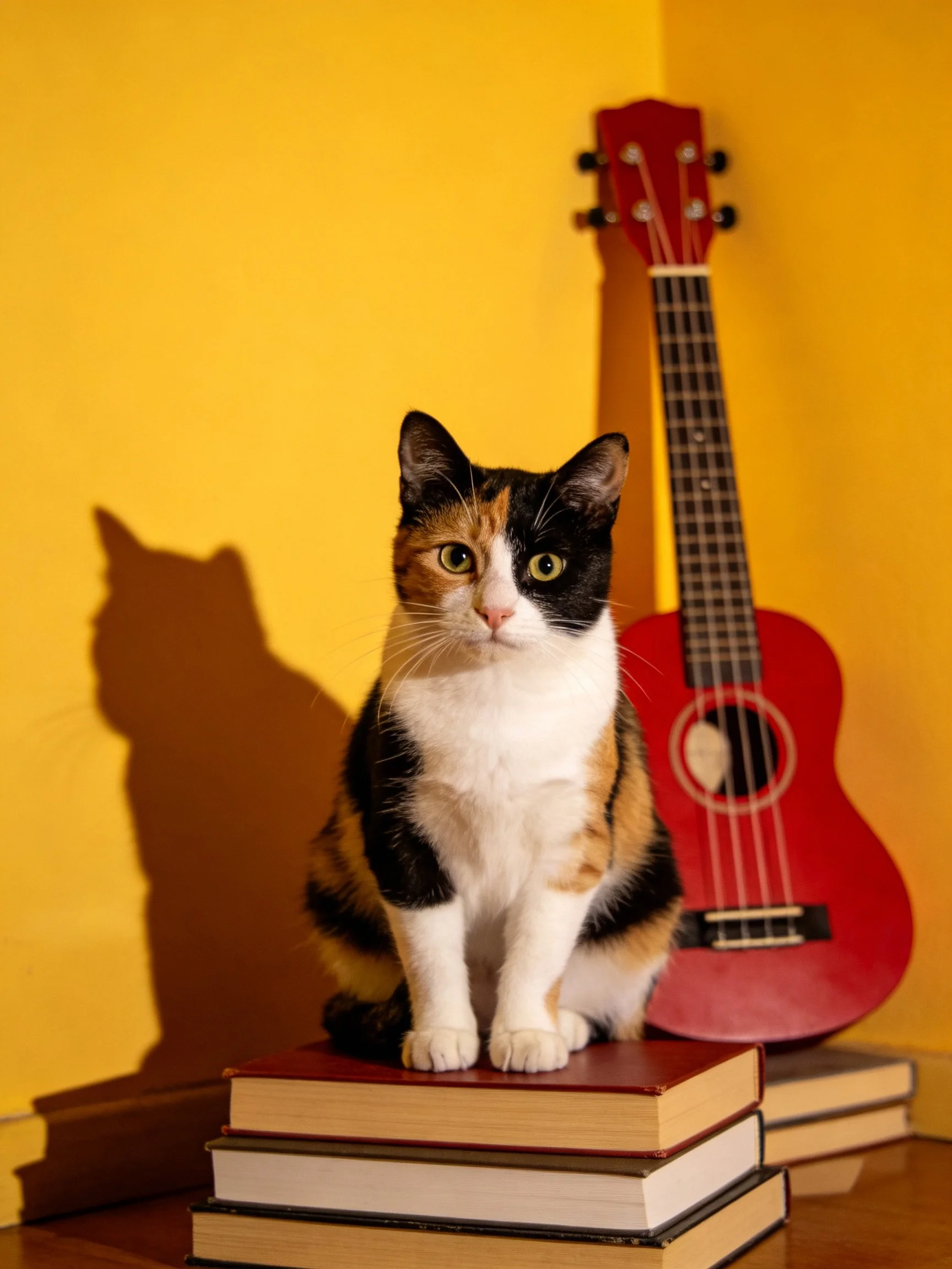 A calico cat sits on books next to a red ukulele with a yellow wall in the background.