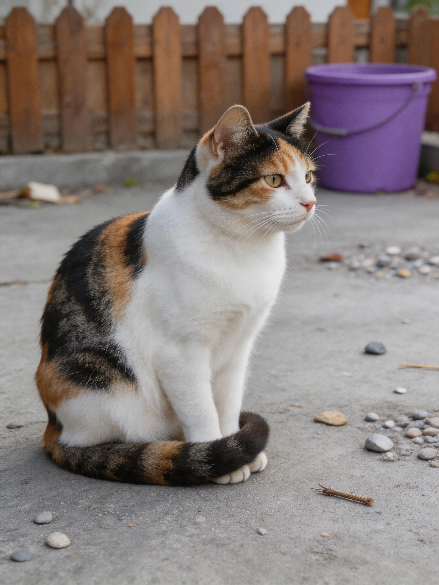A calico cat sits on concrete near a wooden fence and purple bucket