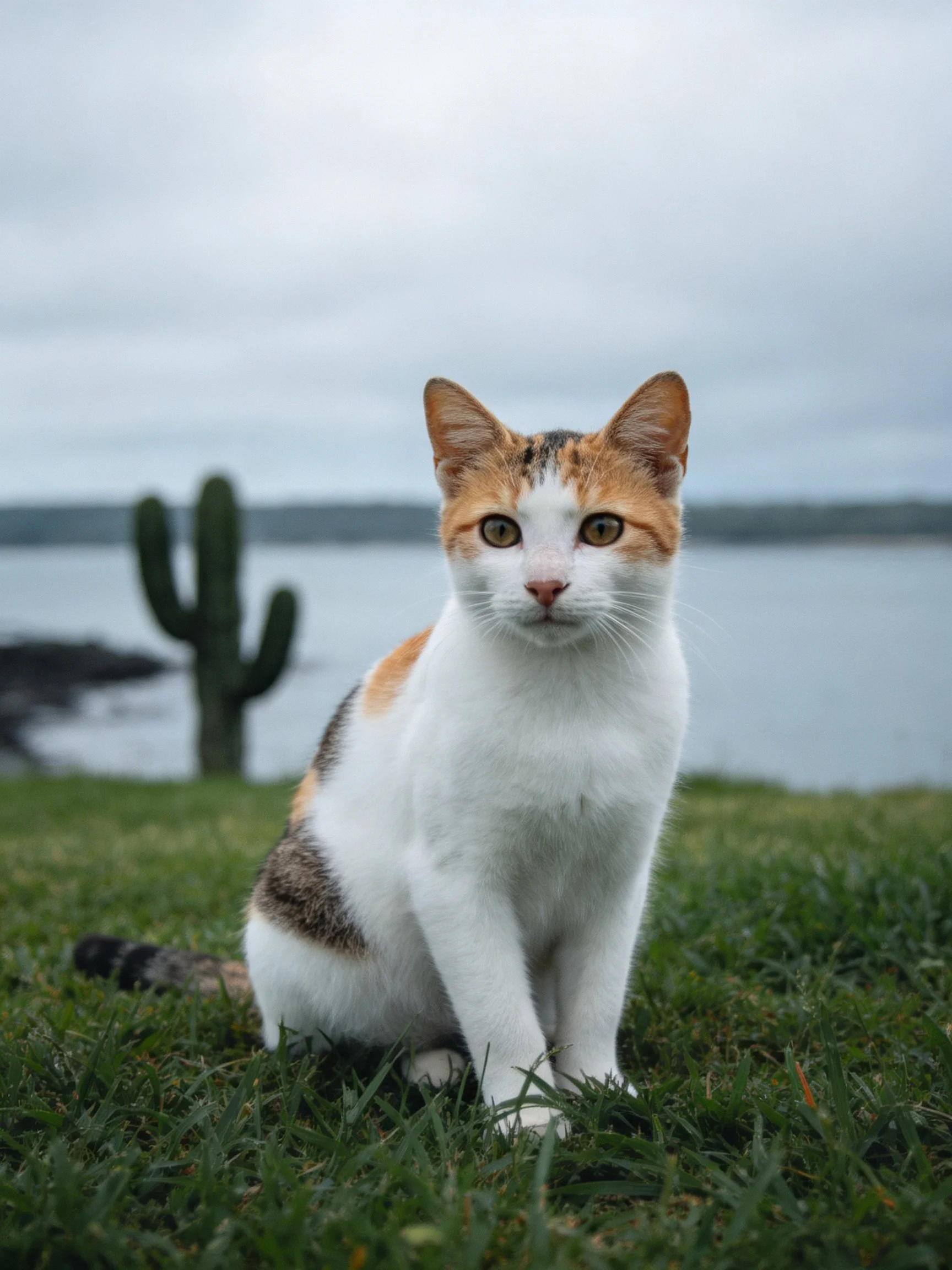 A calico cat sits on grass with a cactus and body of water in the distance.