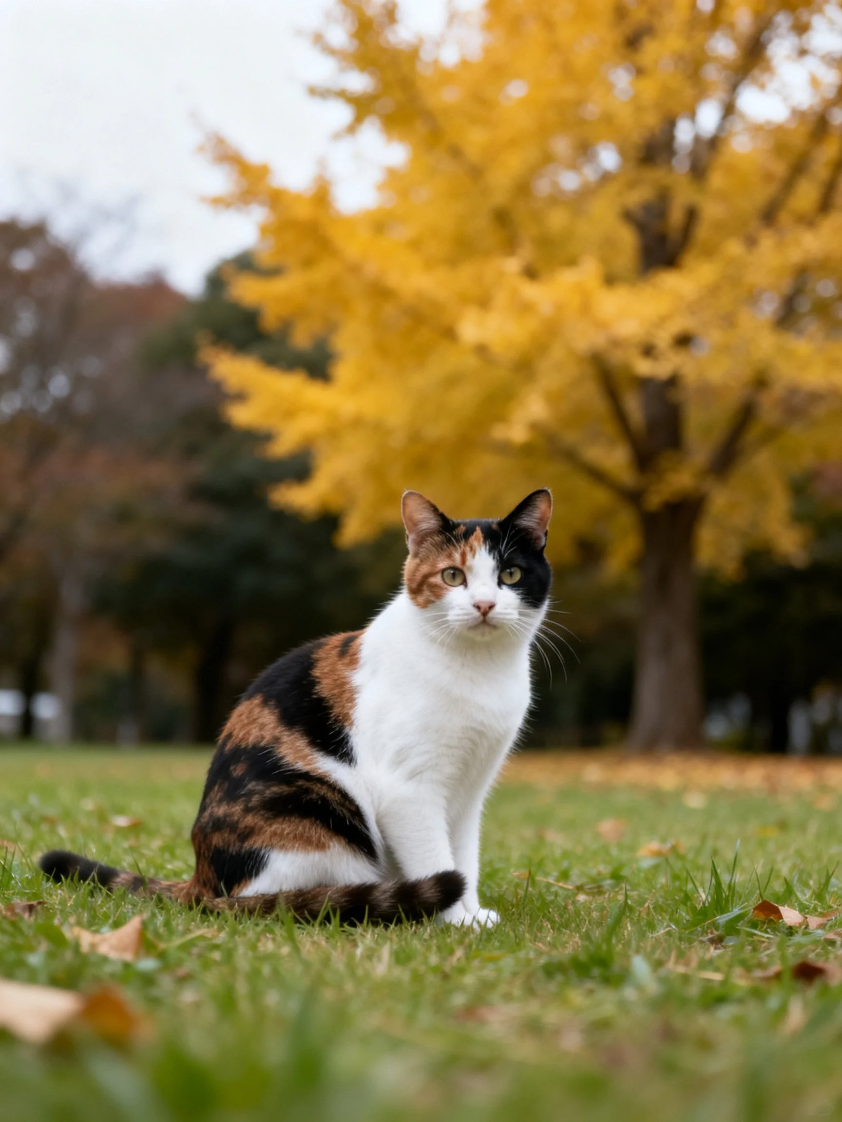 A calico cat sits on green grass near golden autumn trees