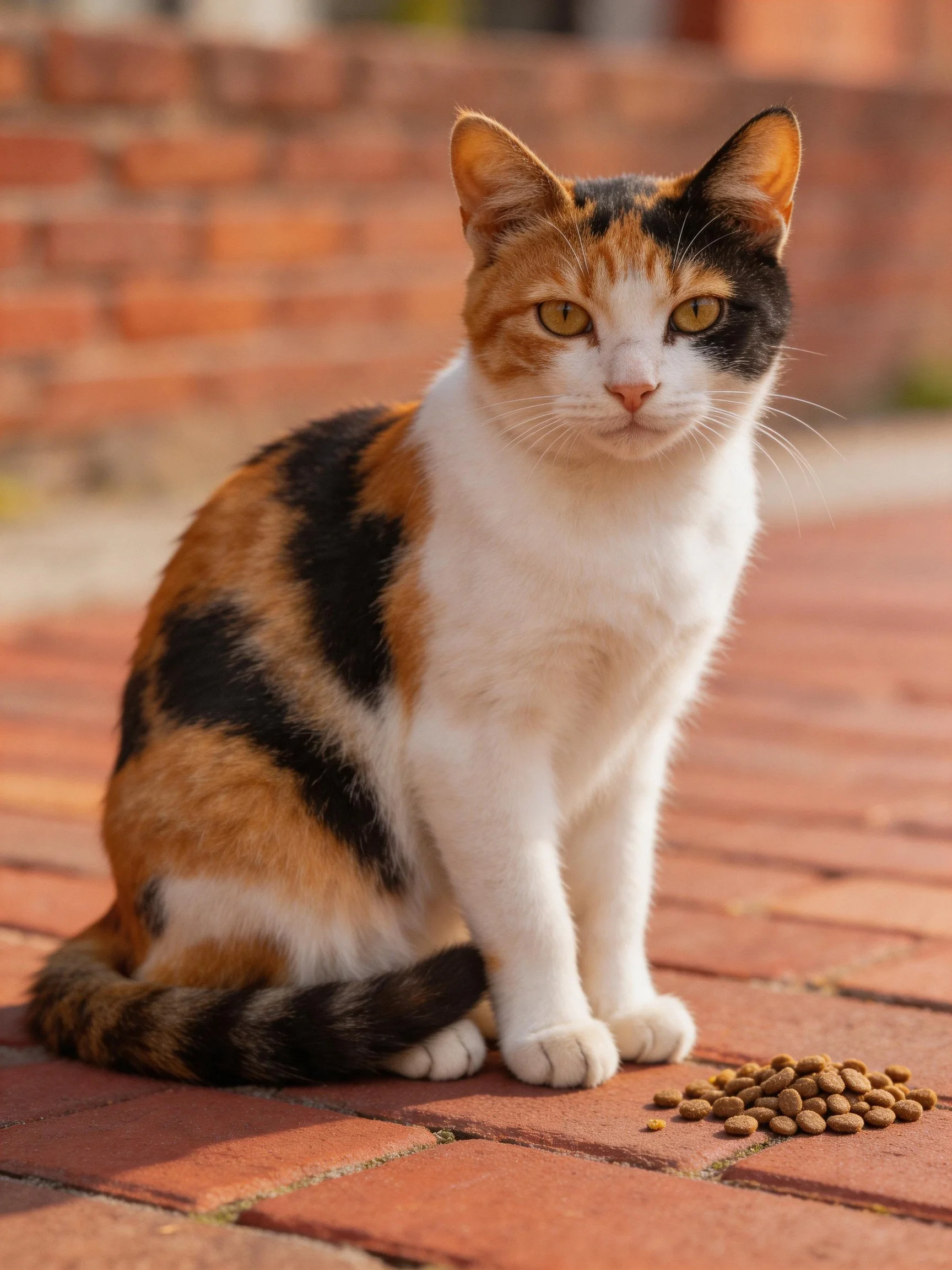A calico cat sits on red brick pavement near dry cat food