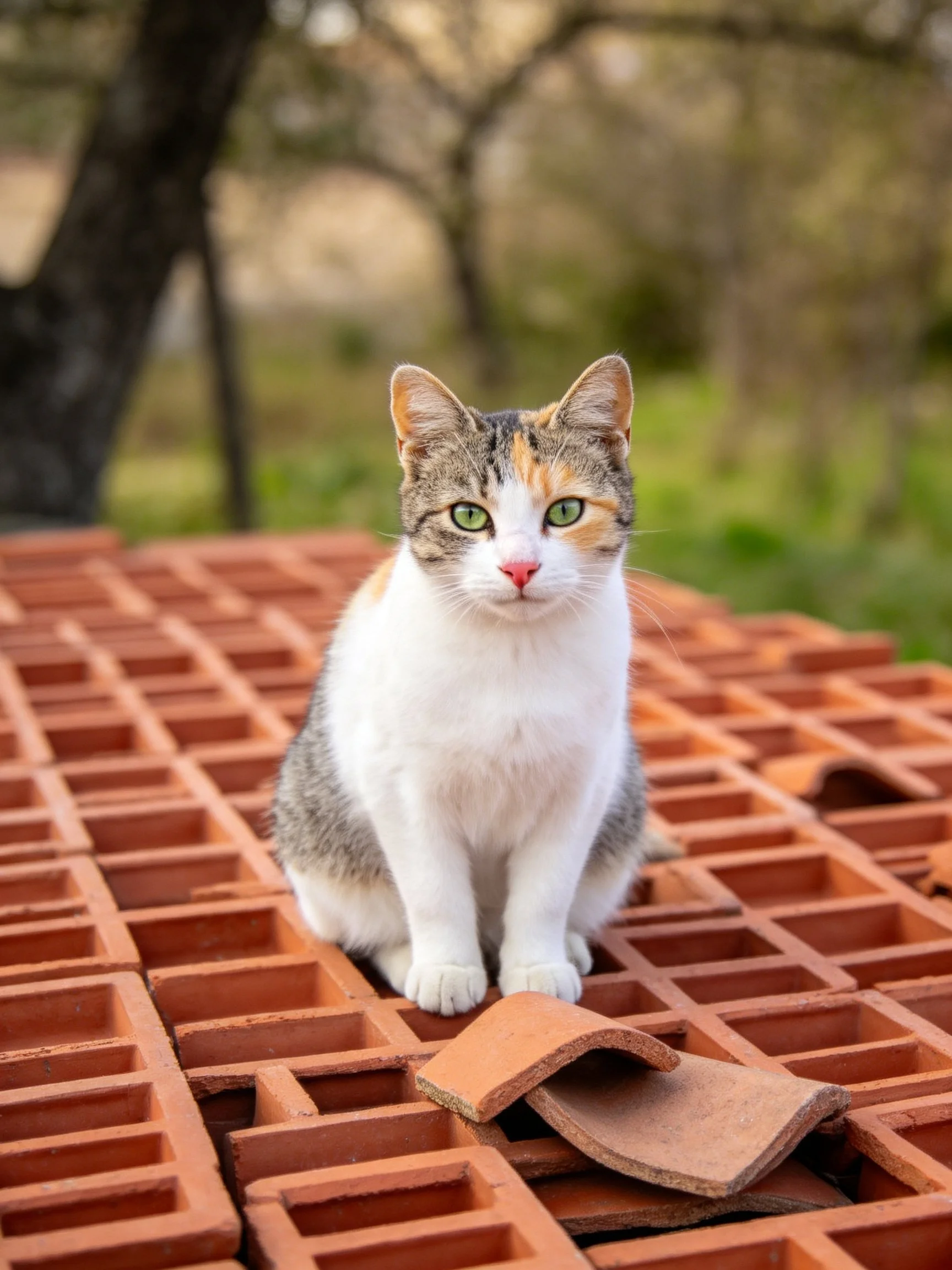 A calico cat sits on terracotta tiles in an outdoor setting.