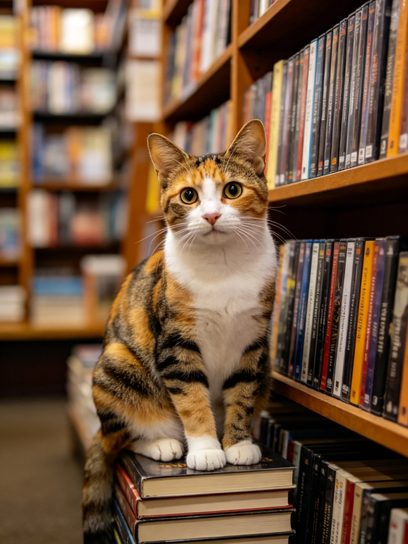 A calico cat sits on stacked books beside wooden bookshelves