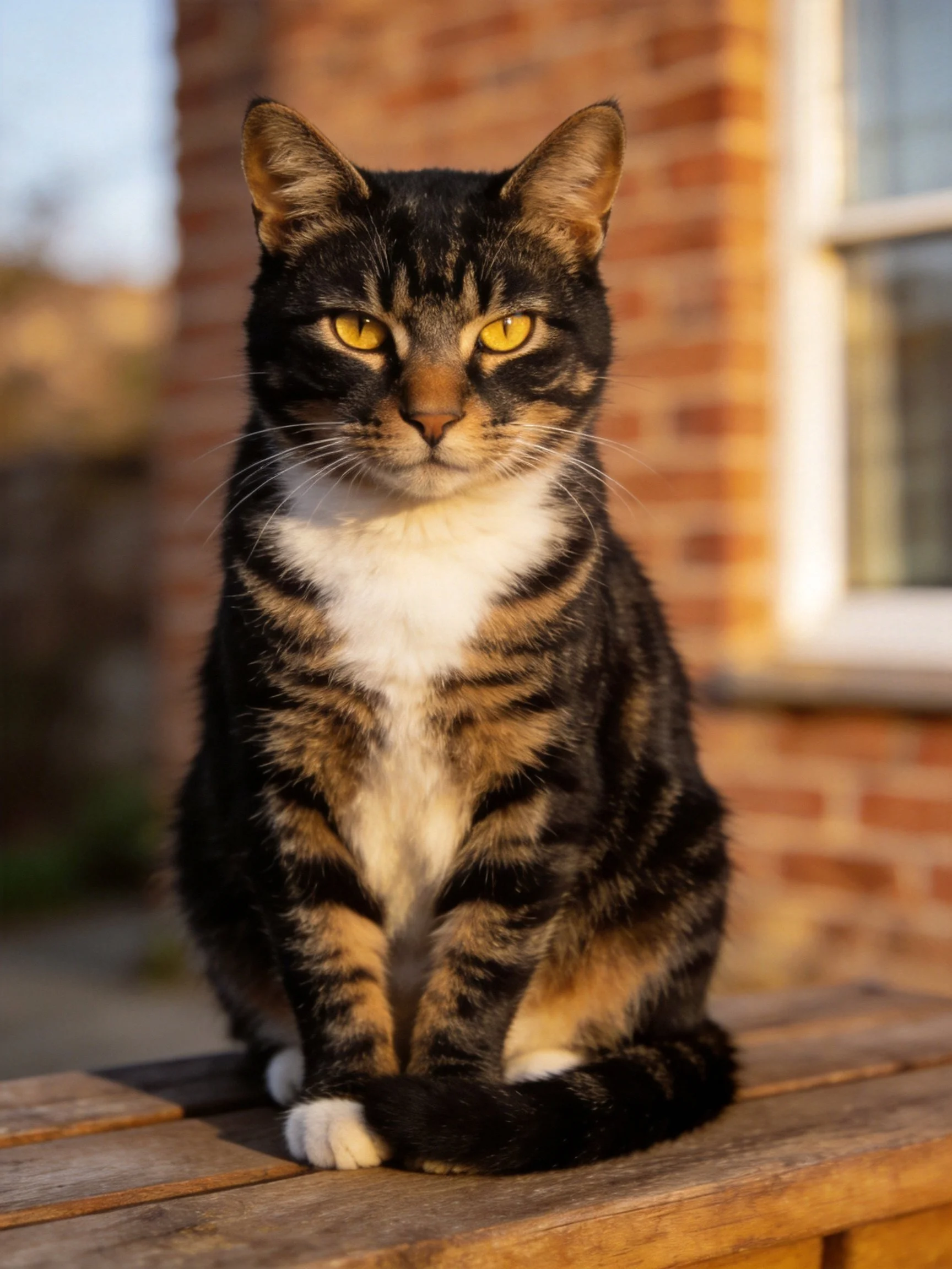 A calico cat sits poised on a wooden surface near a brick building